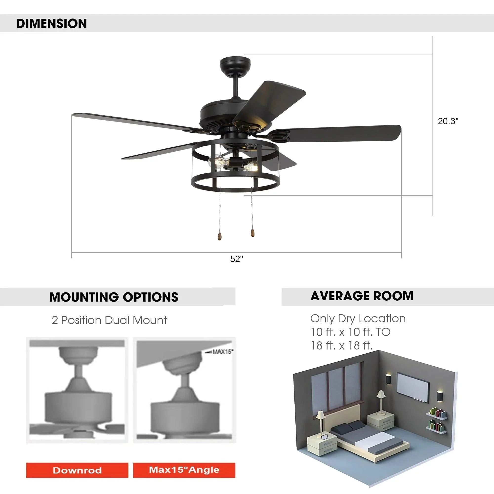Parrot Uncle 52-Inch Urbana Downrod Mount Reversible Industrial Ceiling Fan with Lighting and Pull Chain (F6313110V) - Image 8