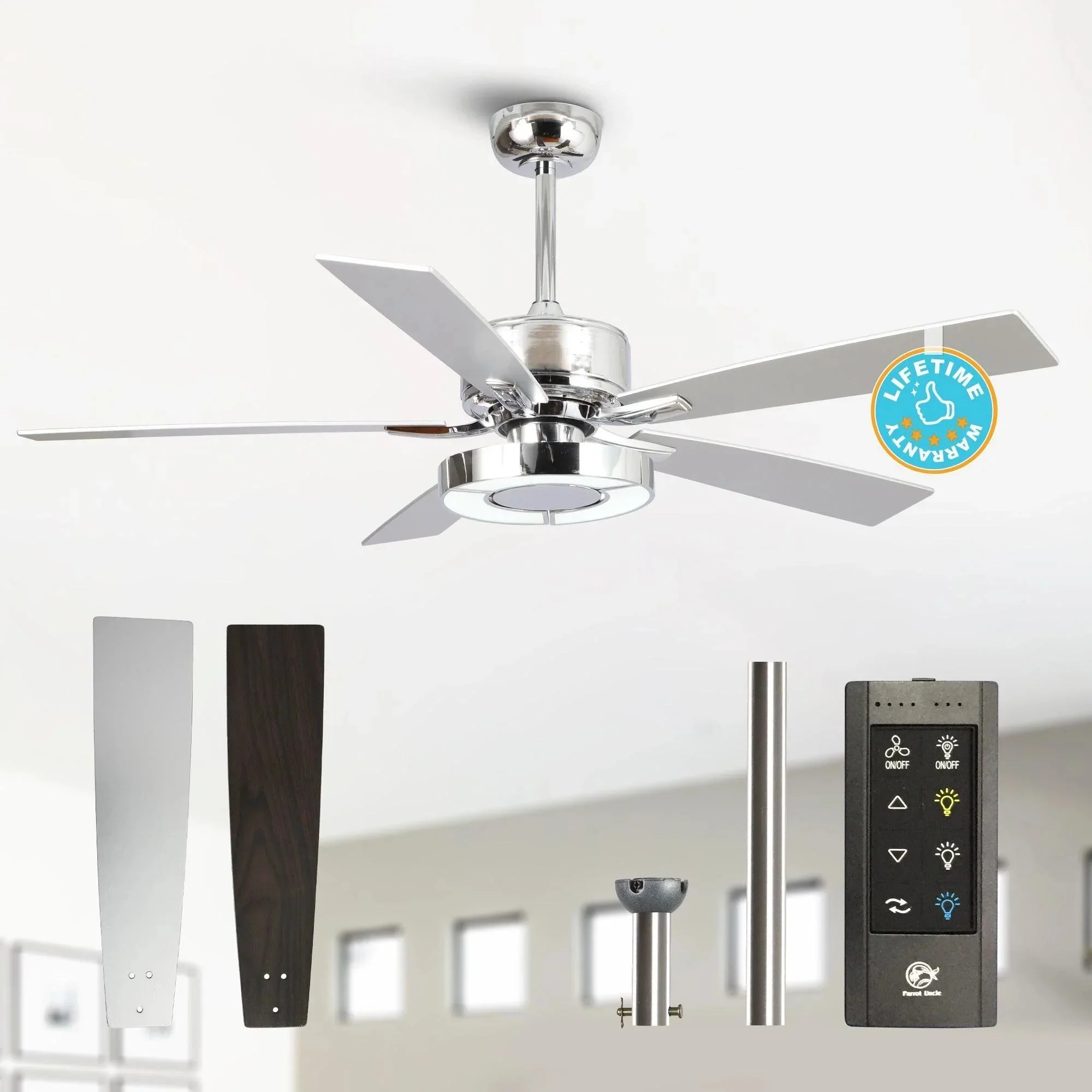 Parrot Uncle 52-Inch Vendome Industrial DC Motor Downrod Mount Reversible Ceiling Fan with Lighting and Remote Control (F6366CH110V) - Image 11