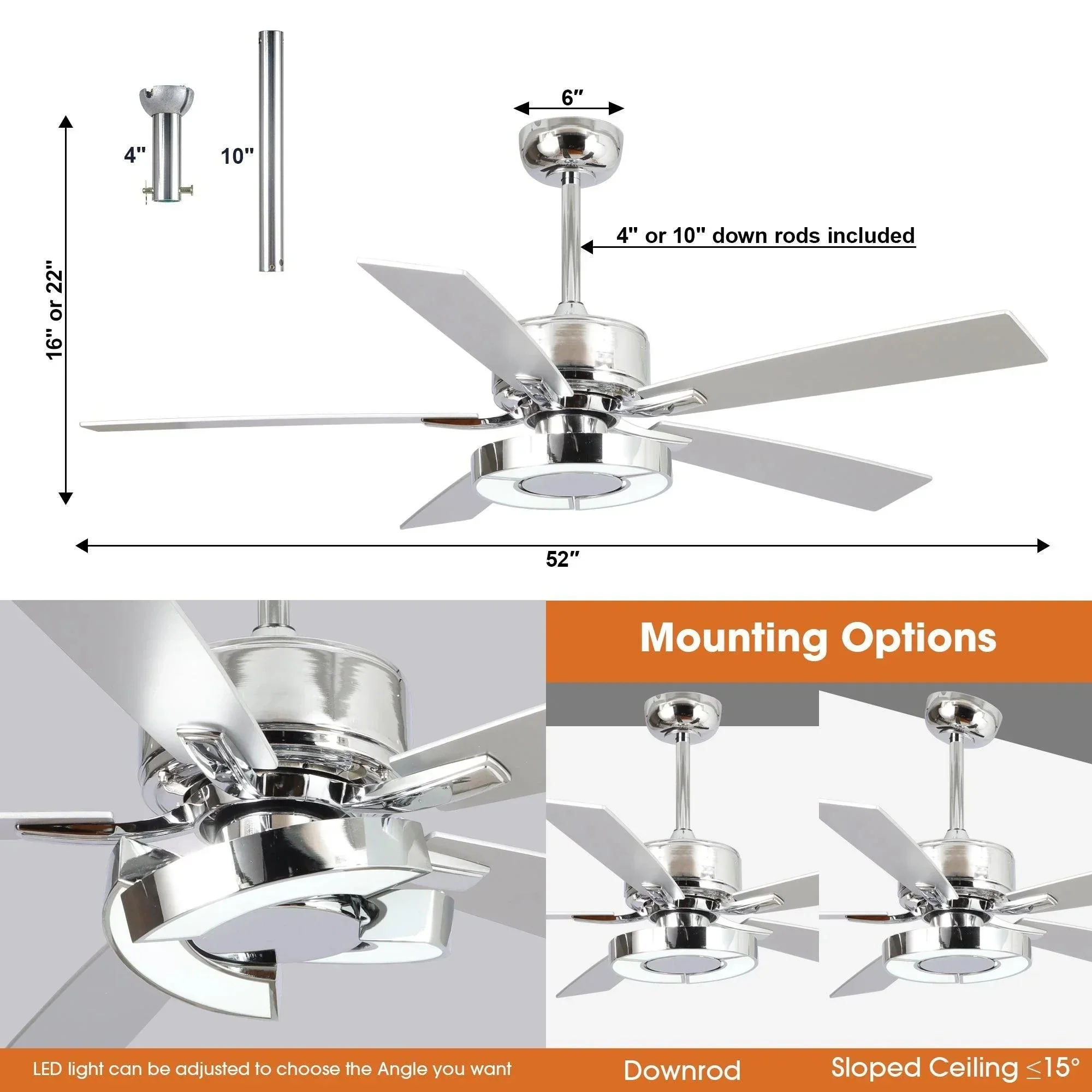 Parrot Uncle 52-Inch Vendome Industrial DC Motor Downrod Mount Reversible Ceiling Fan with Lighting and Remote Control (F6366CH110V) - Image 13