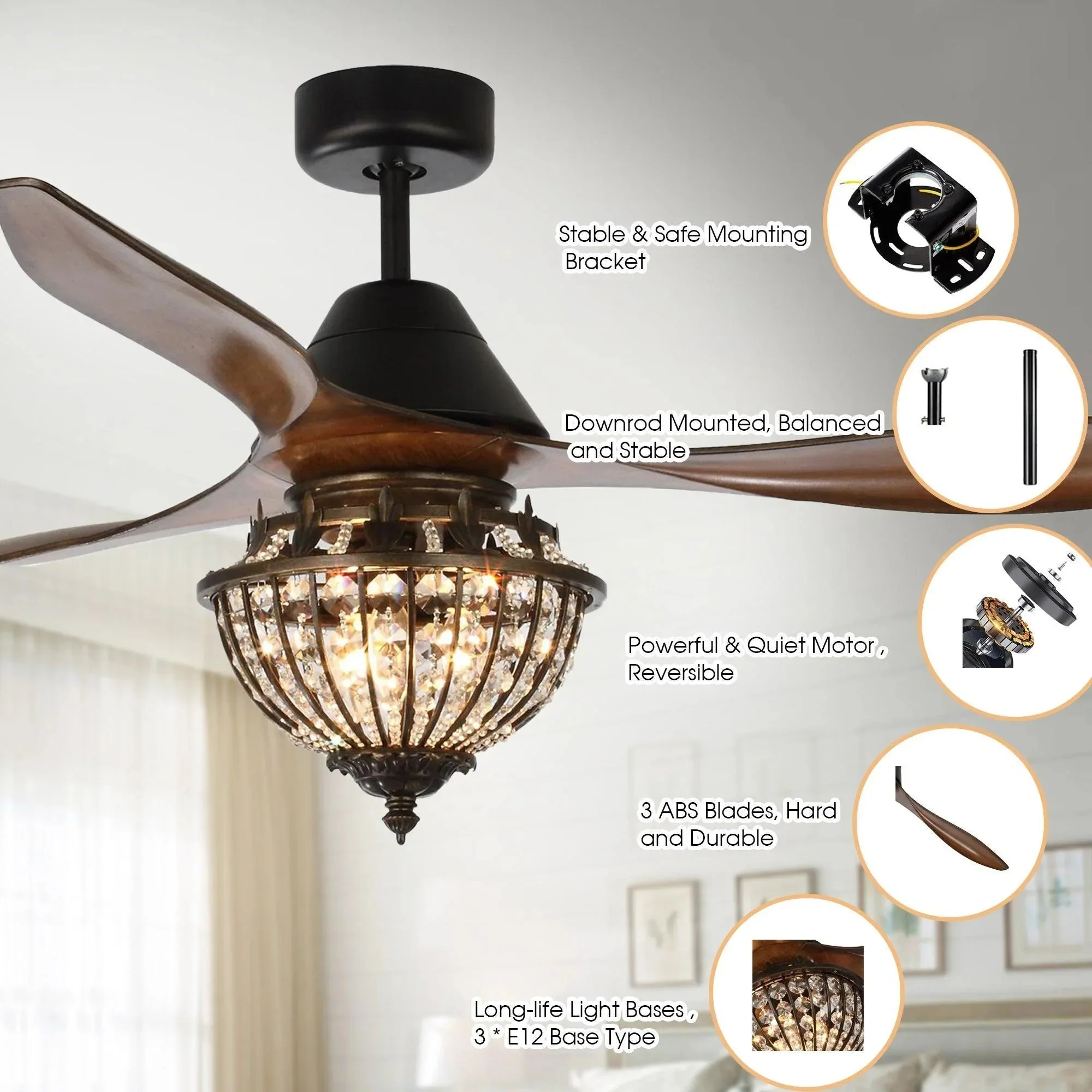 Parrot Uncle 52-Inch Vicky Farmhouse DC Motor Downrod Mount Reversible Ceiling Fan with Lighting and Remote Control (BBA544003CA) - Image 4