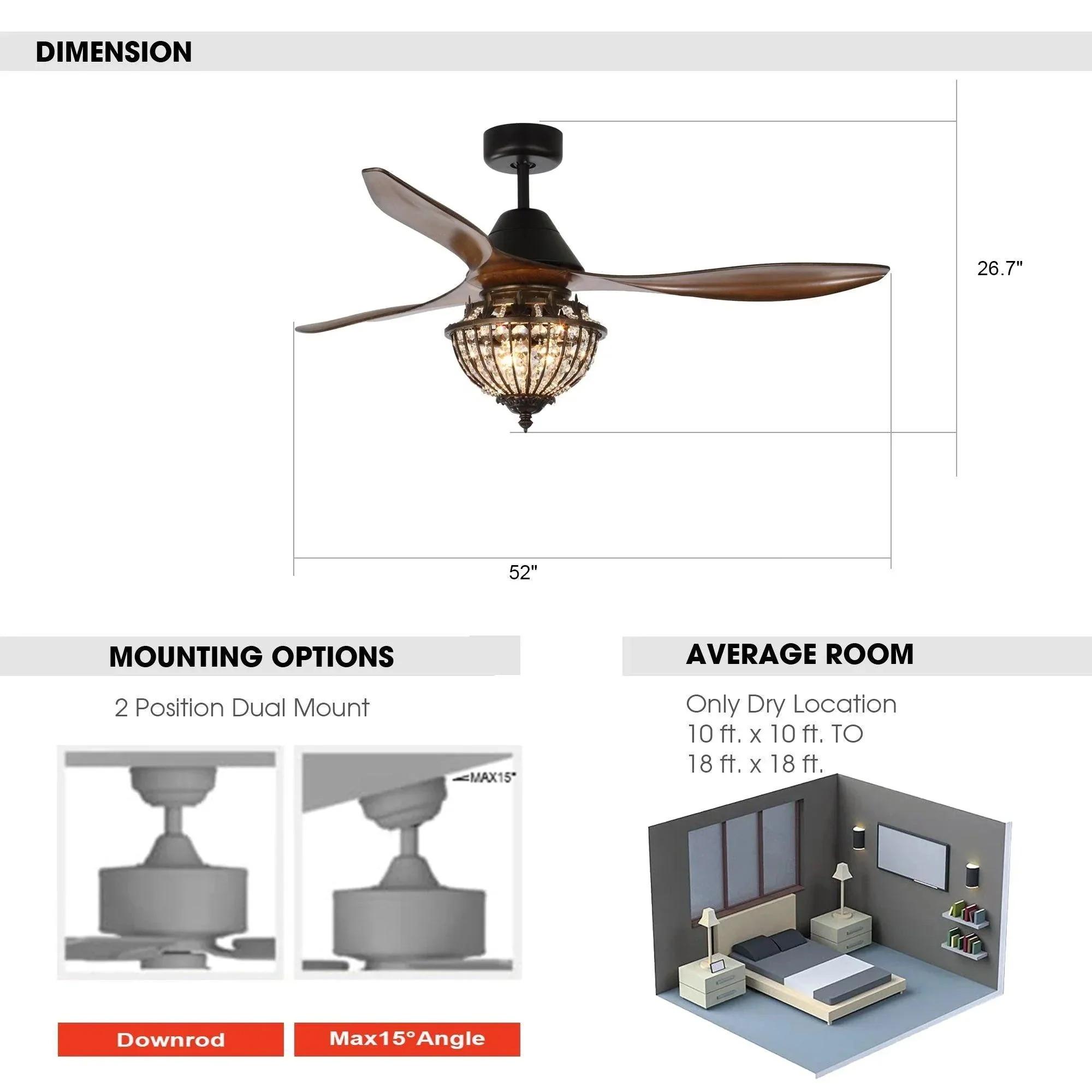 Parrot Uncle 52-Inch Vicky Farmhouse DC Motor Downrod Mount Reversible Ceiling Fan with Lighting and Remote Control (BBA544003CA) - Image 8