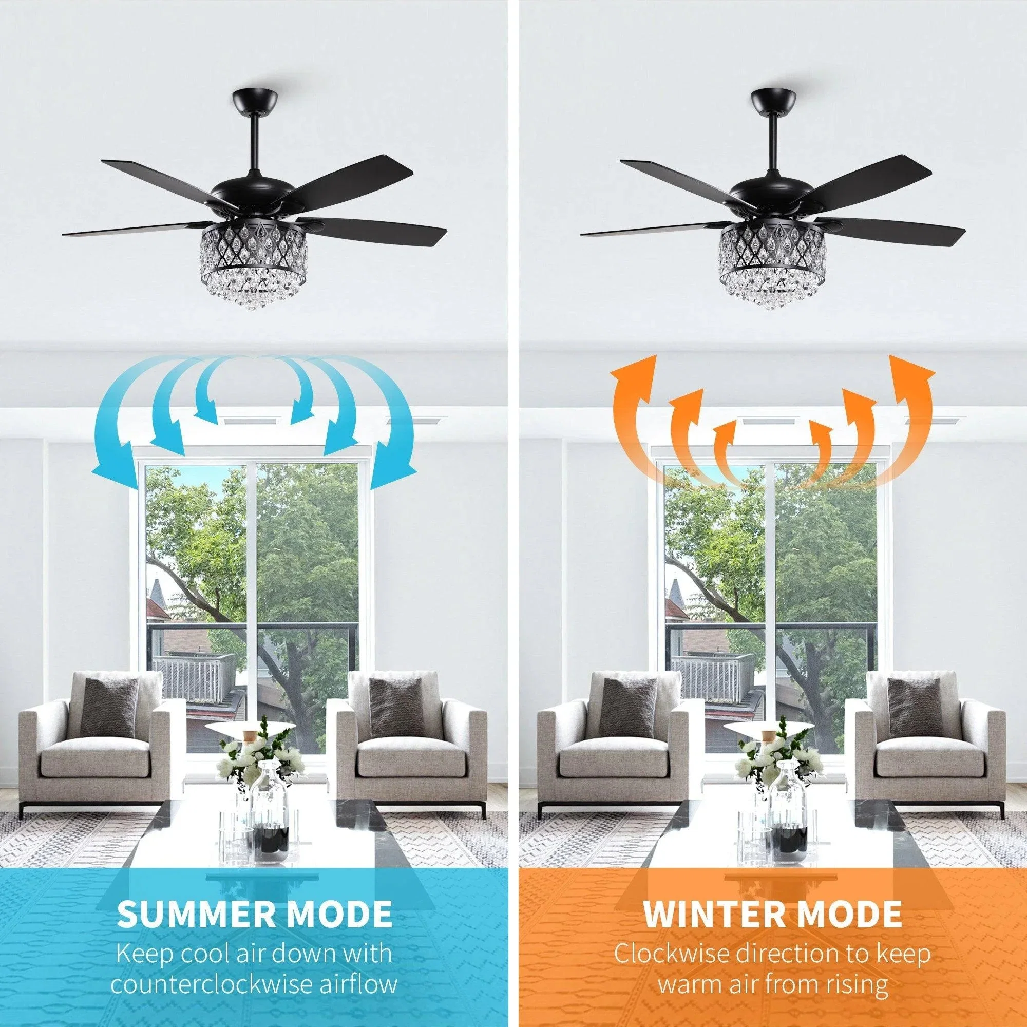 Parrot Uncle 52-Inch Wethington Modern Downrod Mount Reversible Crystal Ceiling Fan with Lighting and Remote Control (F6253QQ110V) - Image 4