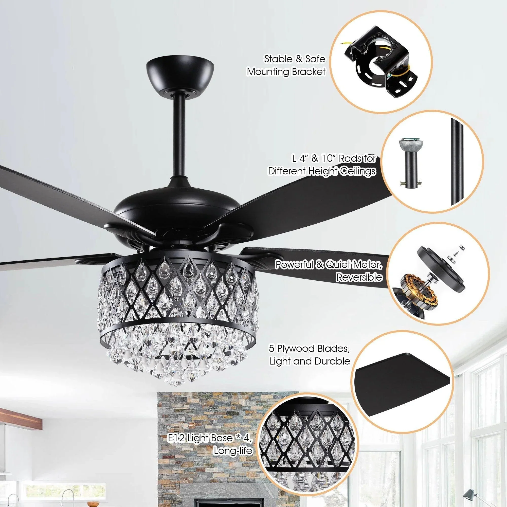 Parrot Uncle 52-Inch Wethington Modern Downrod Mount Reversible Crystal Ceiling Fan with Lighting and Remote Control (F6253QQ110V) - Image 5
