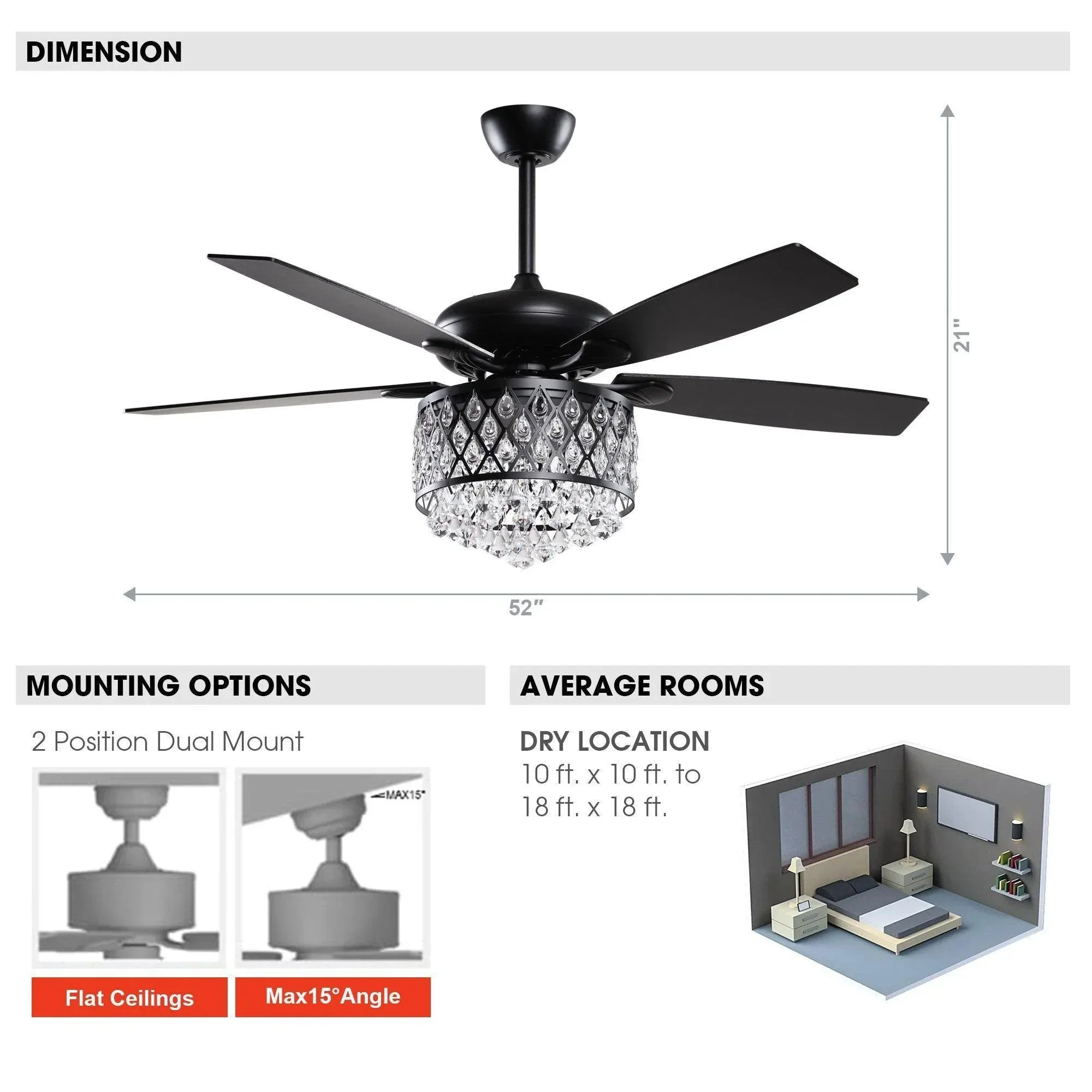 Parrot Uncle 52-Inch Wethington Modern Downrod Mount Reversible Crystal Ceiling Fan with Lighting and Remote Control (F6253QQ110V) - Image 7
