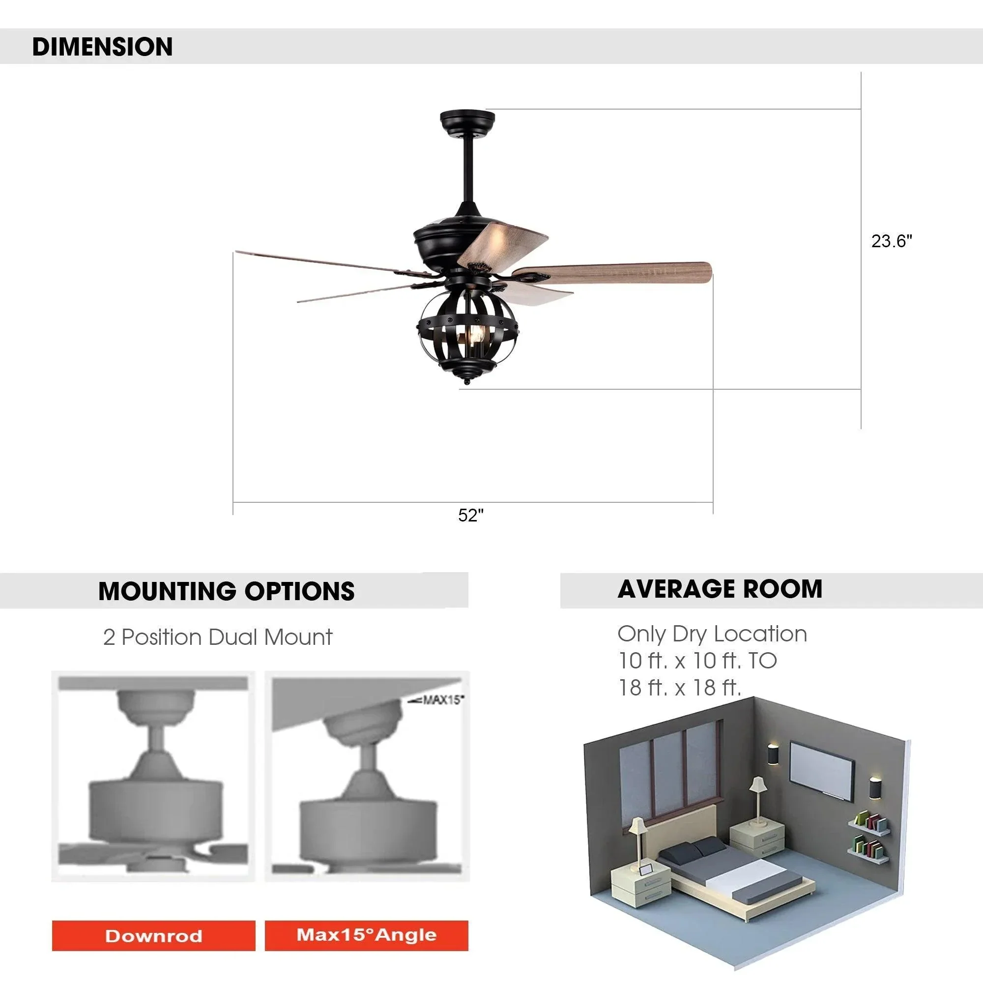 Parrot Uncle 52-Inch Wilburton Industrial Downrod Mount Reversible Ceiling Fan with Lighting and Remote Control (F6238110V) - Image 10