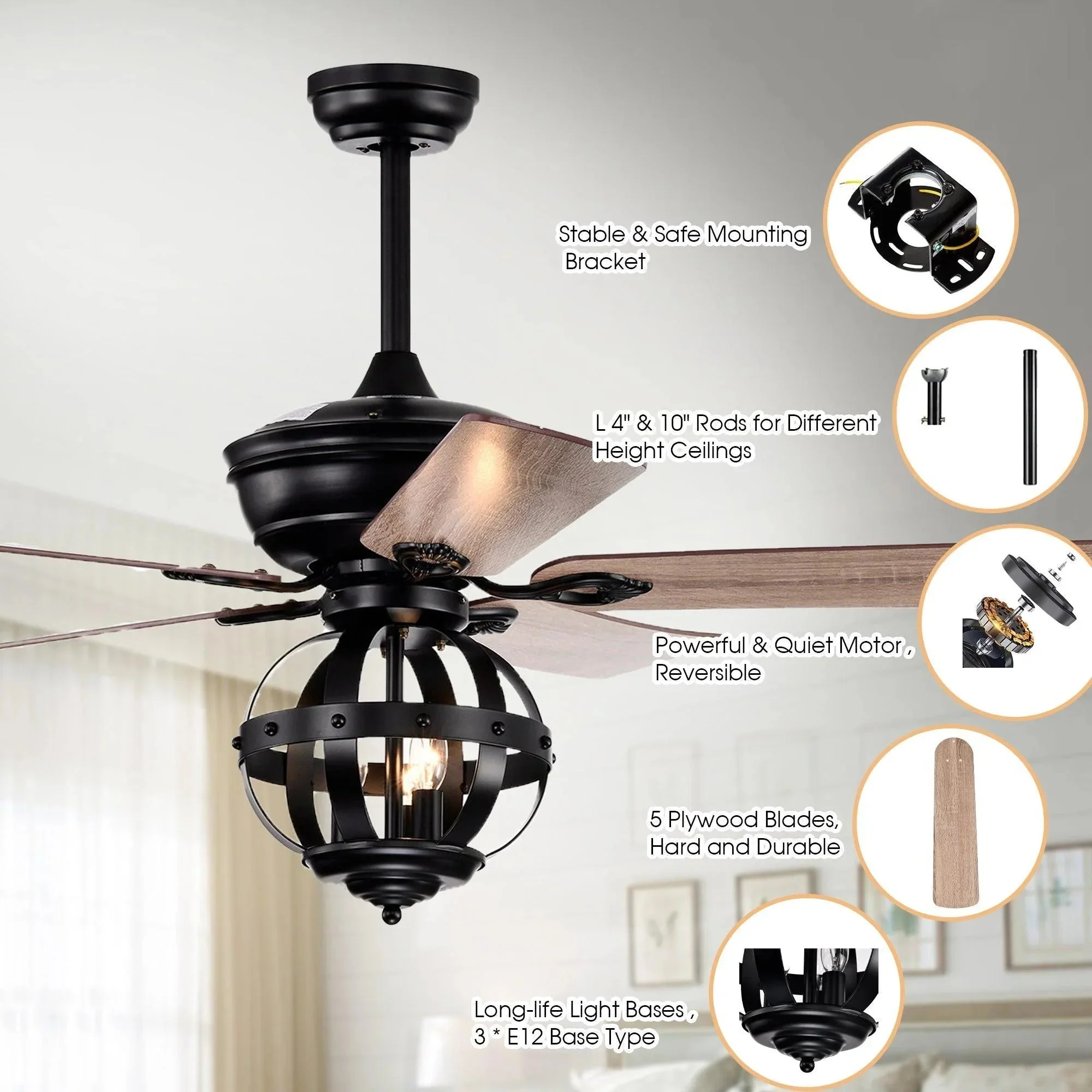 Parrot Uncle 52-Inch Wilburton Industrial Downrod Mount Reversible Ceiling Fan with Lighting and Remote Control (F6238110V) - Image 4
