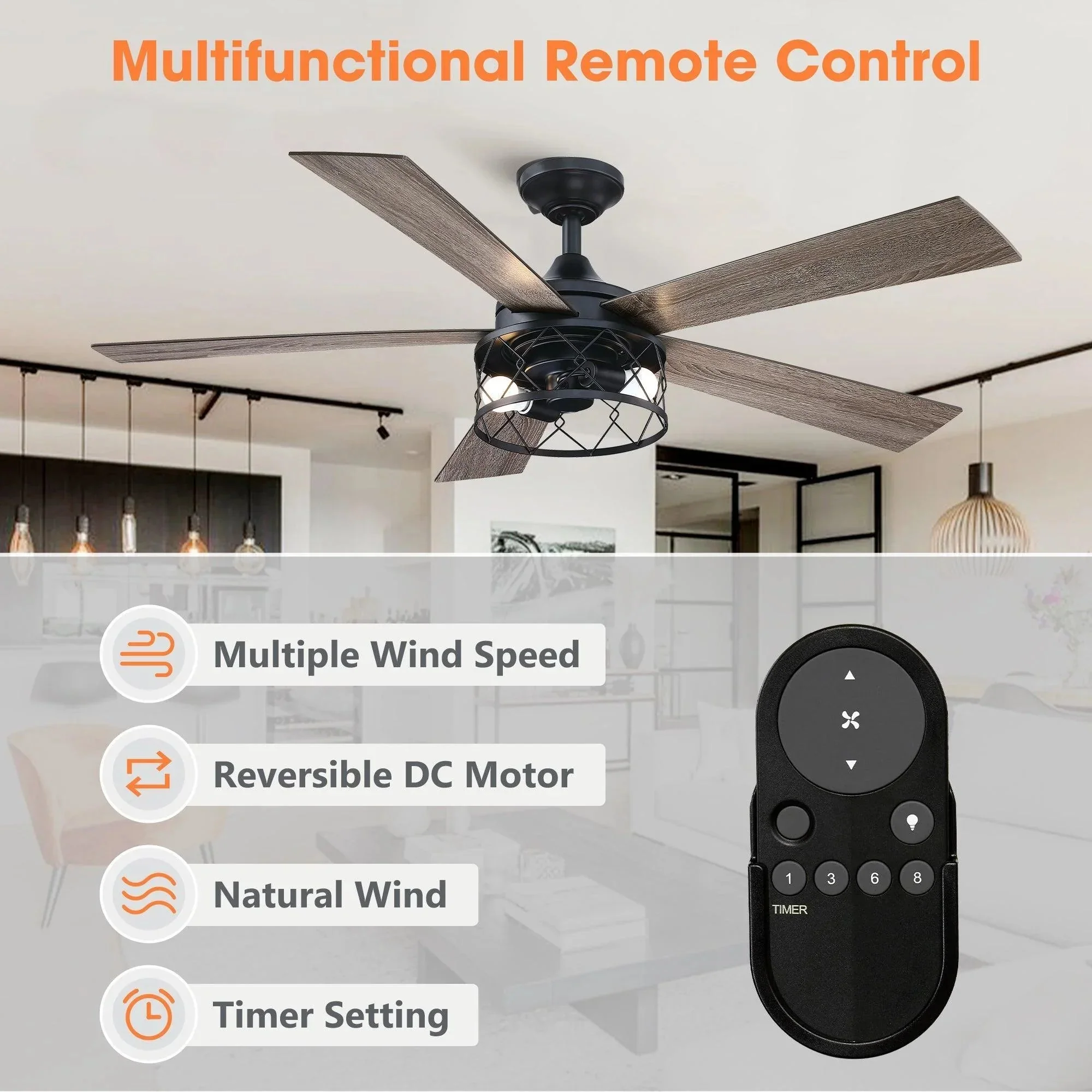 Parrot Uncle 52-Inch Windmill Industrial Downrod Mount Reversible Ceiling Fan with Lighting and Remote Control (BBLAB025A0) - Image 9