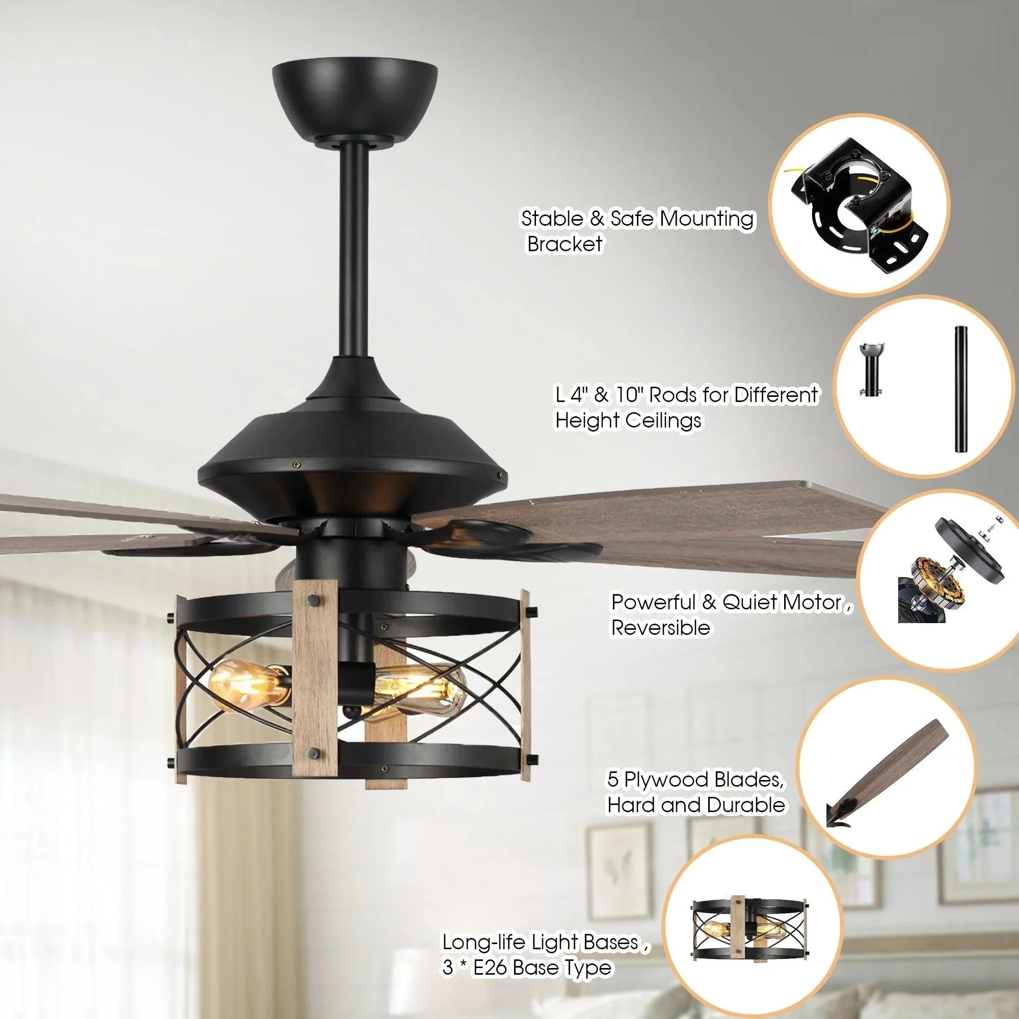 Parrot Uncle 52-Inch Wisner Industrial Downrod Mount Reversible Ceiling Fan with Lighting and Remote Control (F6316Q110V) - Image 5