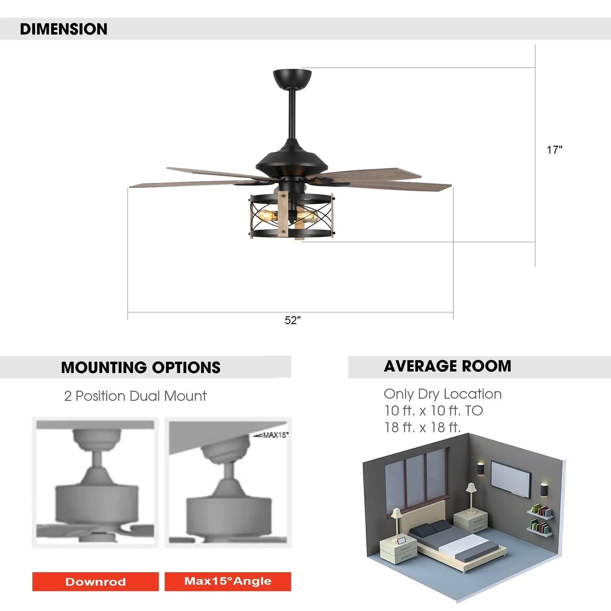Parrot Uncle 52-Inch Wisner Industrial Downrod Mount Reversible Ceiling Fan with Lighting and Remote Control (F6316Q110V) - Image 7