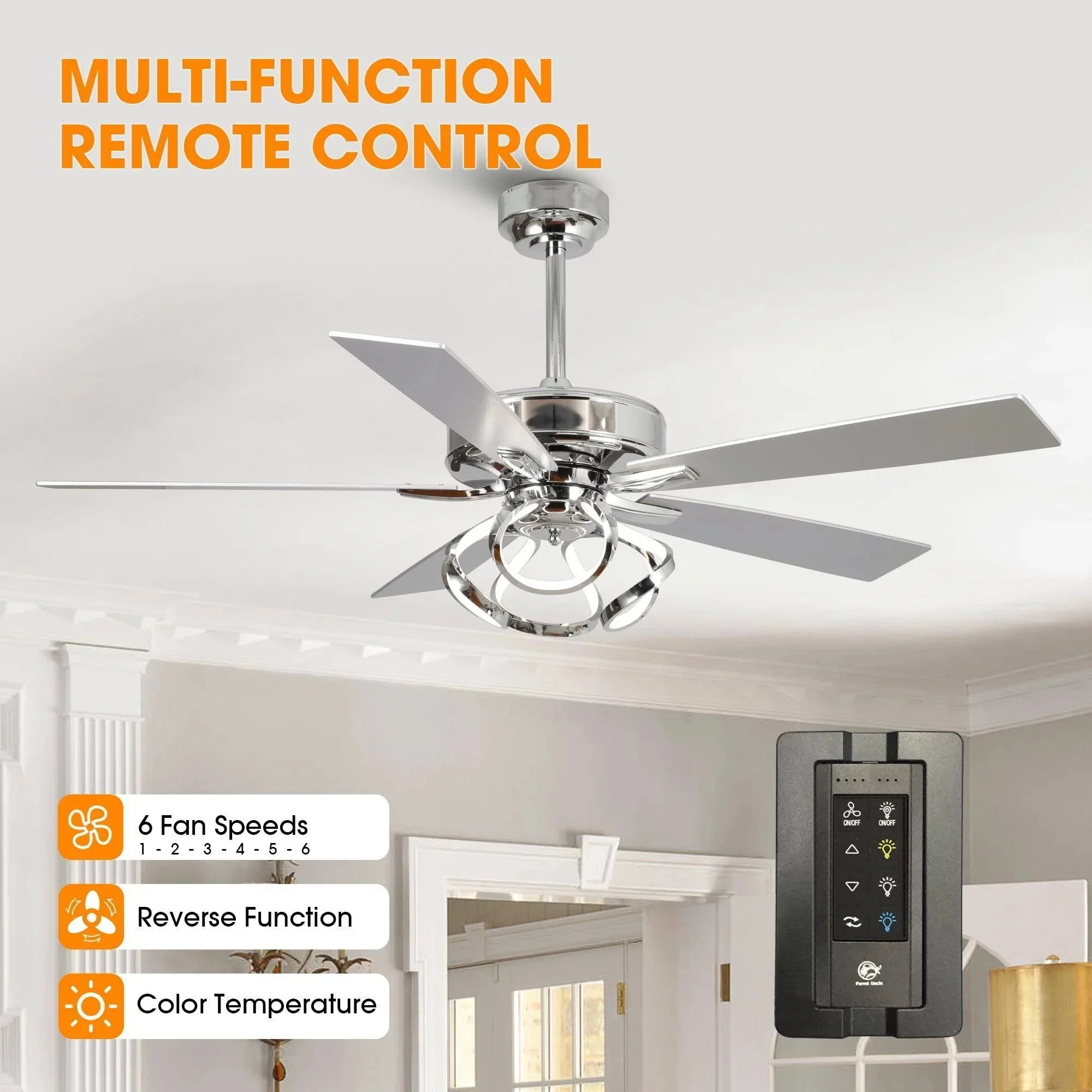 Parrot Uncle 52-Inch Zelda Modern DC Motor Downrod Mount Reversible Ceiling Fan with Lighting and Remote Control (F6367110V) - Image 11