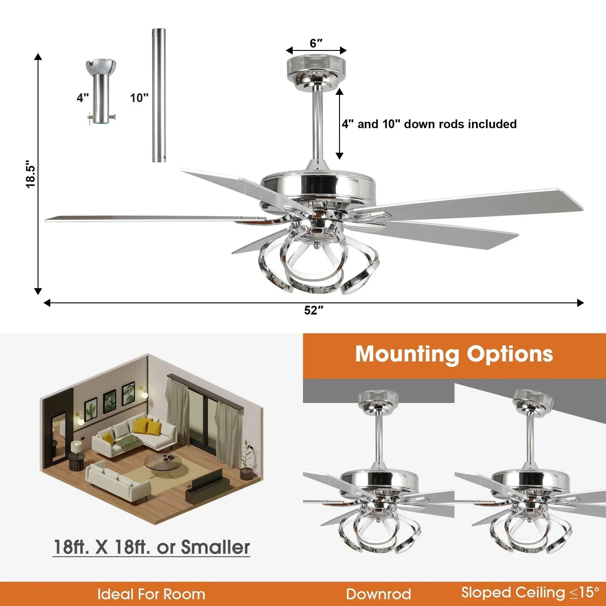 Parrot Uncle 52-Inch Zelda Modern DC Motor Downrod Mount Reversible Ceiling Fan with Lighting and Remote Control (F6367110V) - Image 12