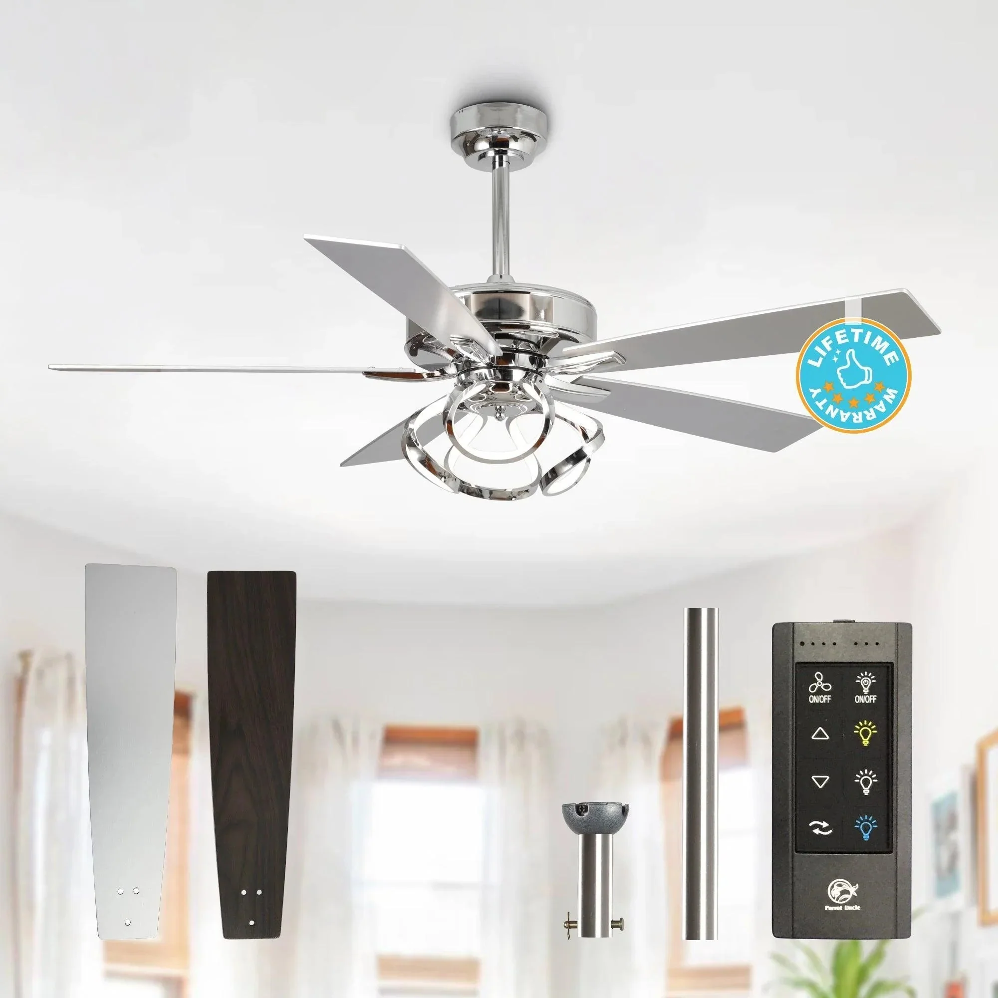 Parrot Uncle 52-Inch Zelda Modern DC Motor Downrod Mount Reversible Ceiling Fan with Lighting and Remote Control (F6367110V) - Image 4