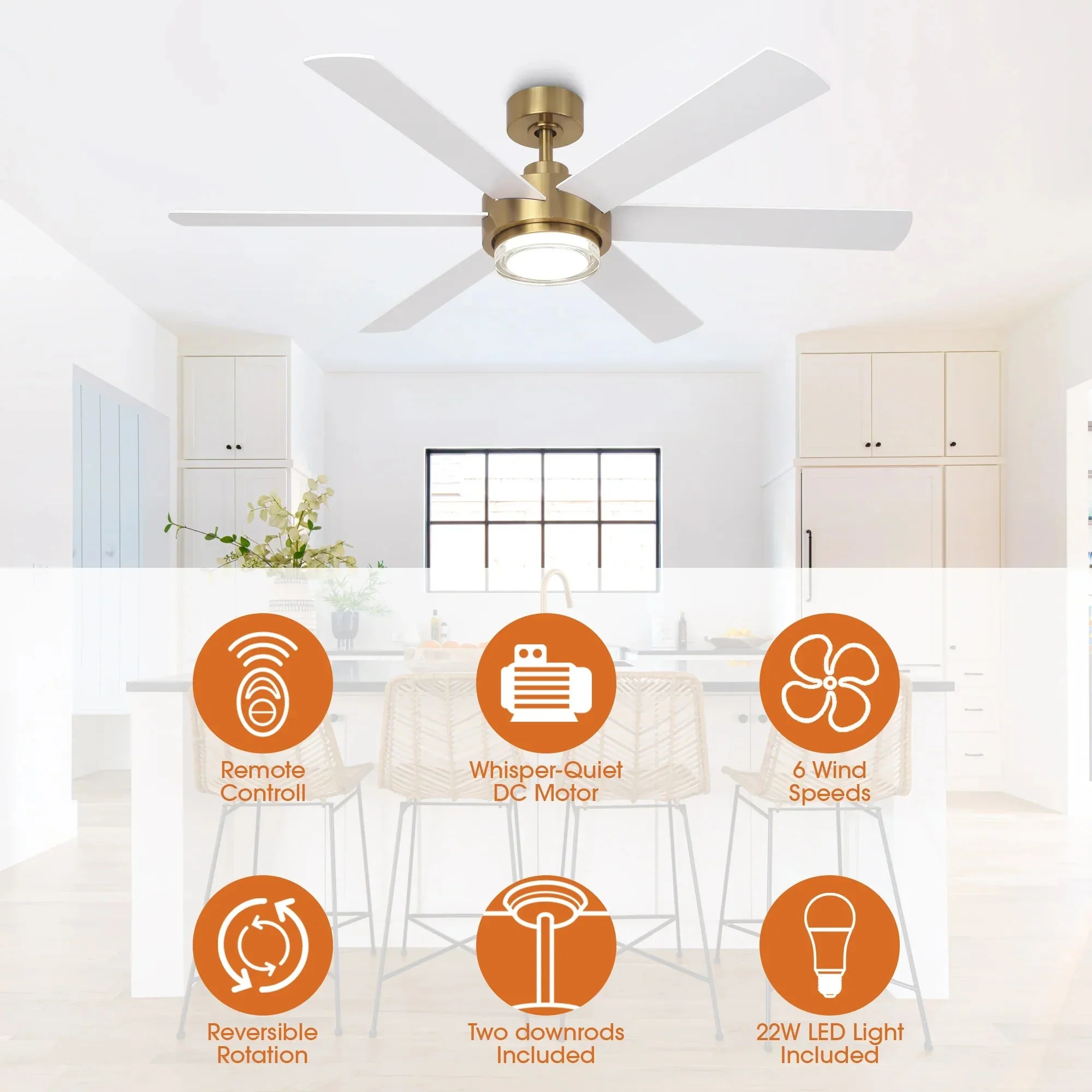Parrot Uncle 54-Inch Kama Modern Downrod Mount Ceiling Fan with Remote Control and LED Light (F6005GD) - Image 5