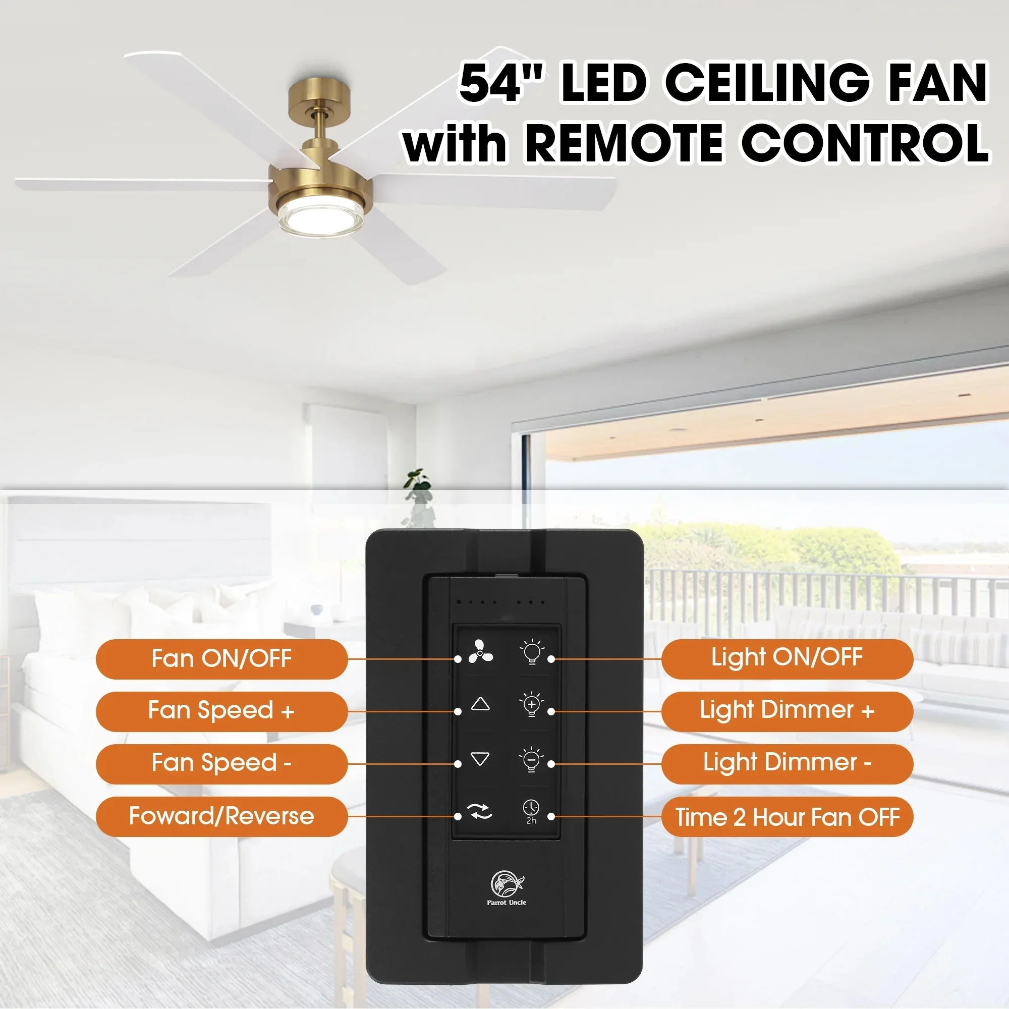 Parrot Uncle 54-Inch Kama Modern Downrod Mount Ceiling Fan with Remote Control and LED Light (F6005GD) - Image 6