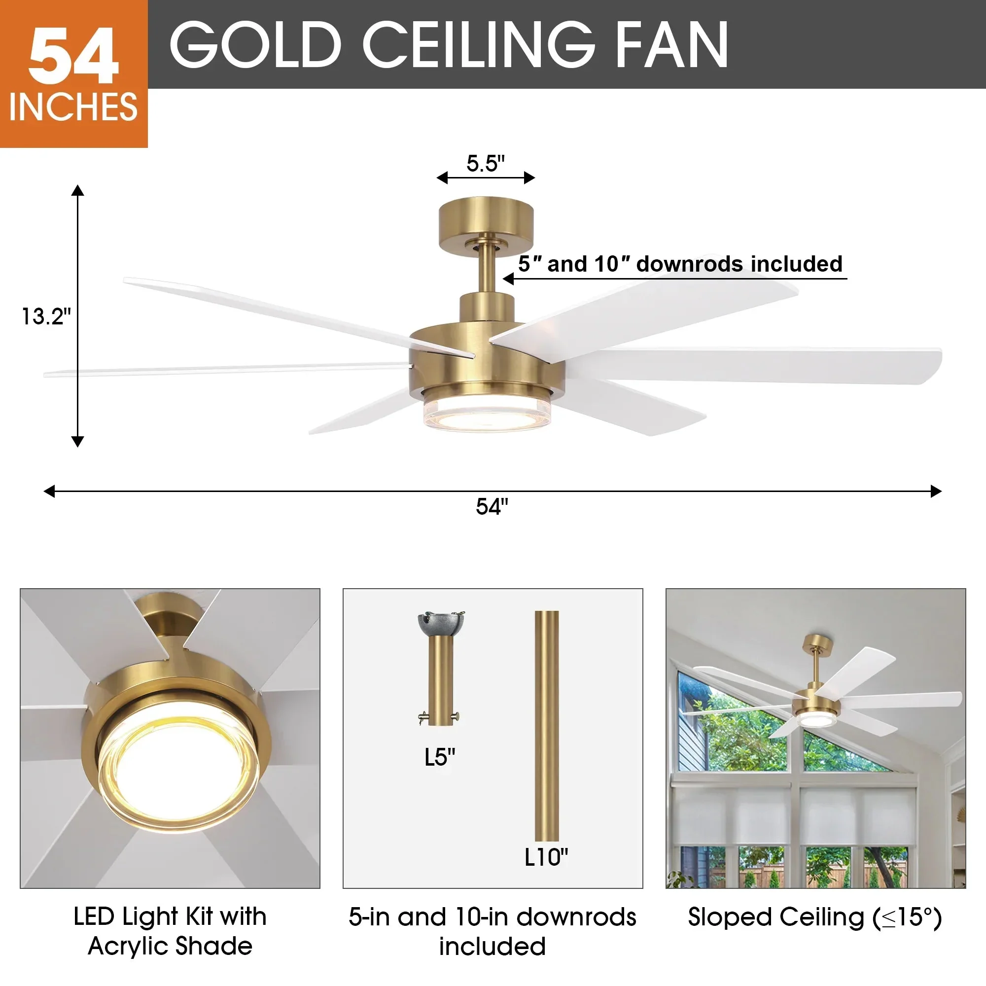 Parrot Uncle 54-Inch Kama Modern Downrod Mount Ceiling Fan with Remote Control and LED Light (F6005GD) - Image 7