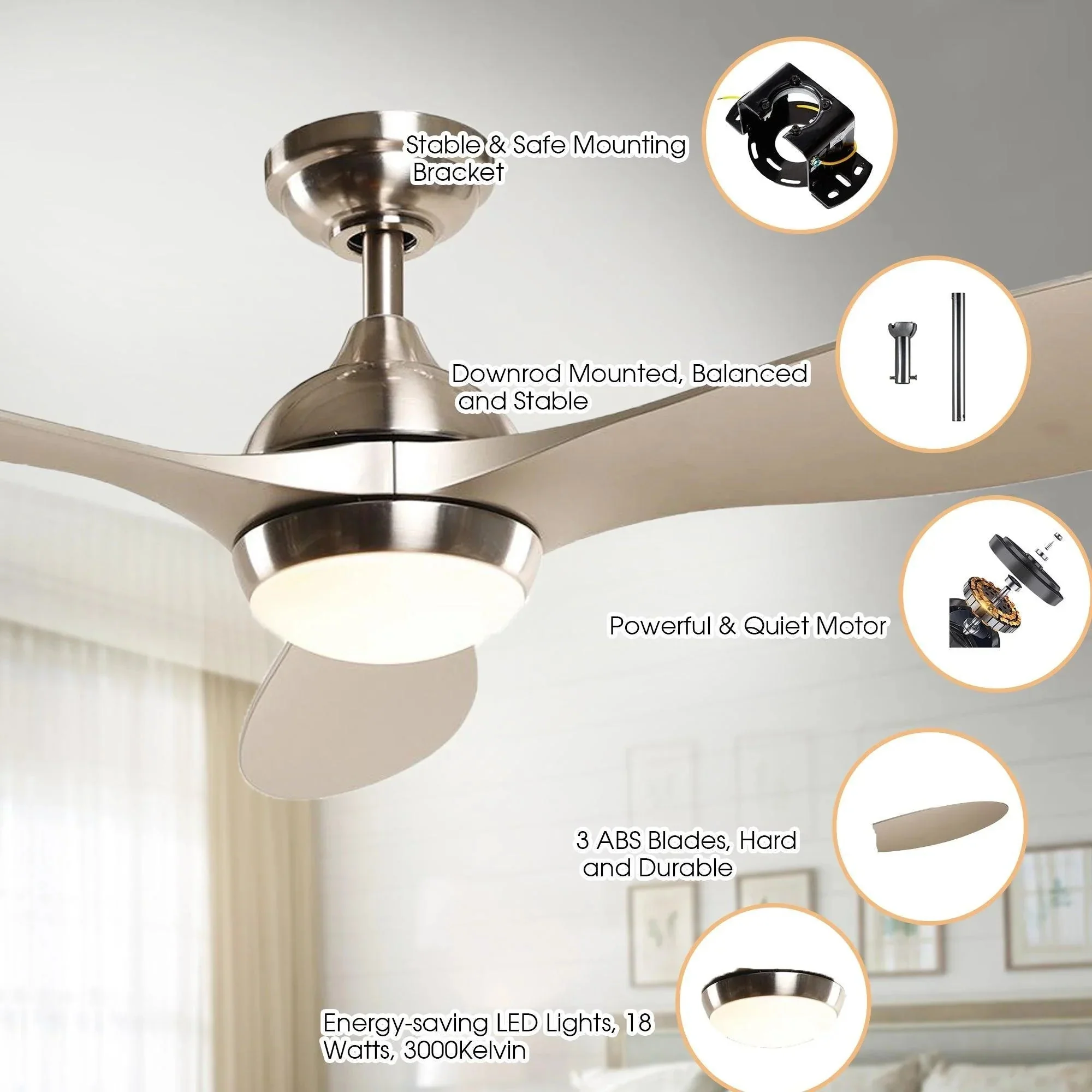 Parrot Uncle 56-Inch Bernardino Modern Brushed Nickel DC Motor Downrod Mount Reversible Ceiling Fan with Lighting and Remote Control (BBHTD20166E) - Image 4