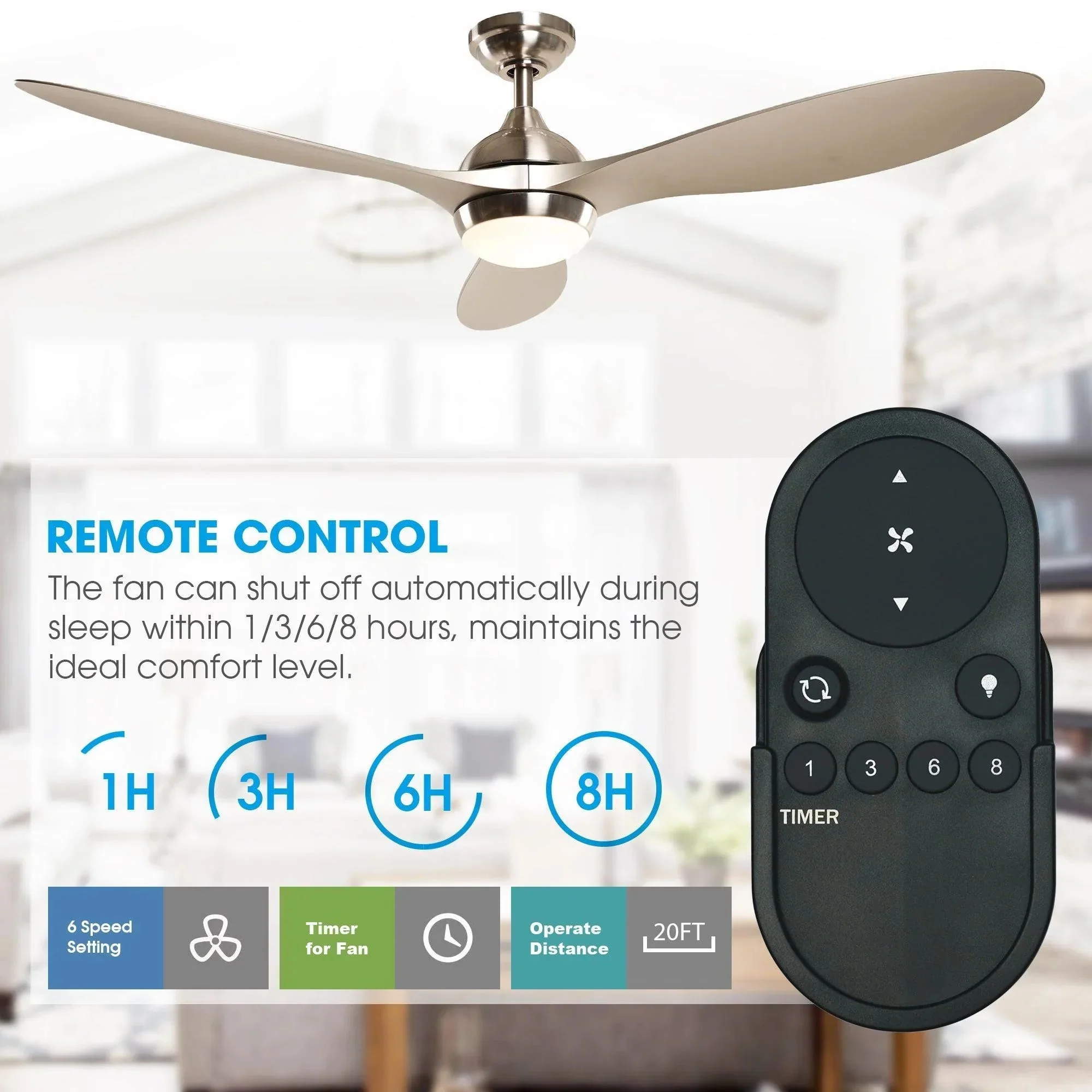Parrot Uncle 56-Inch Bernardino Modern Brushed Nickel DC Motor Downrod Mount Reversible Ceiling Fan with Lighting and Remote Control (BBHTD20166E) - Image 6