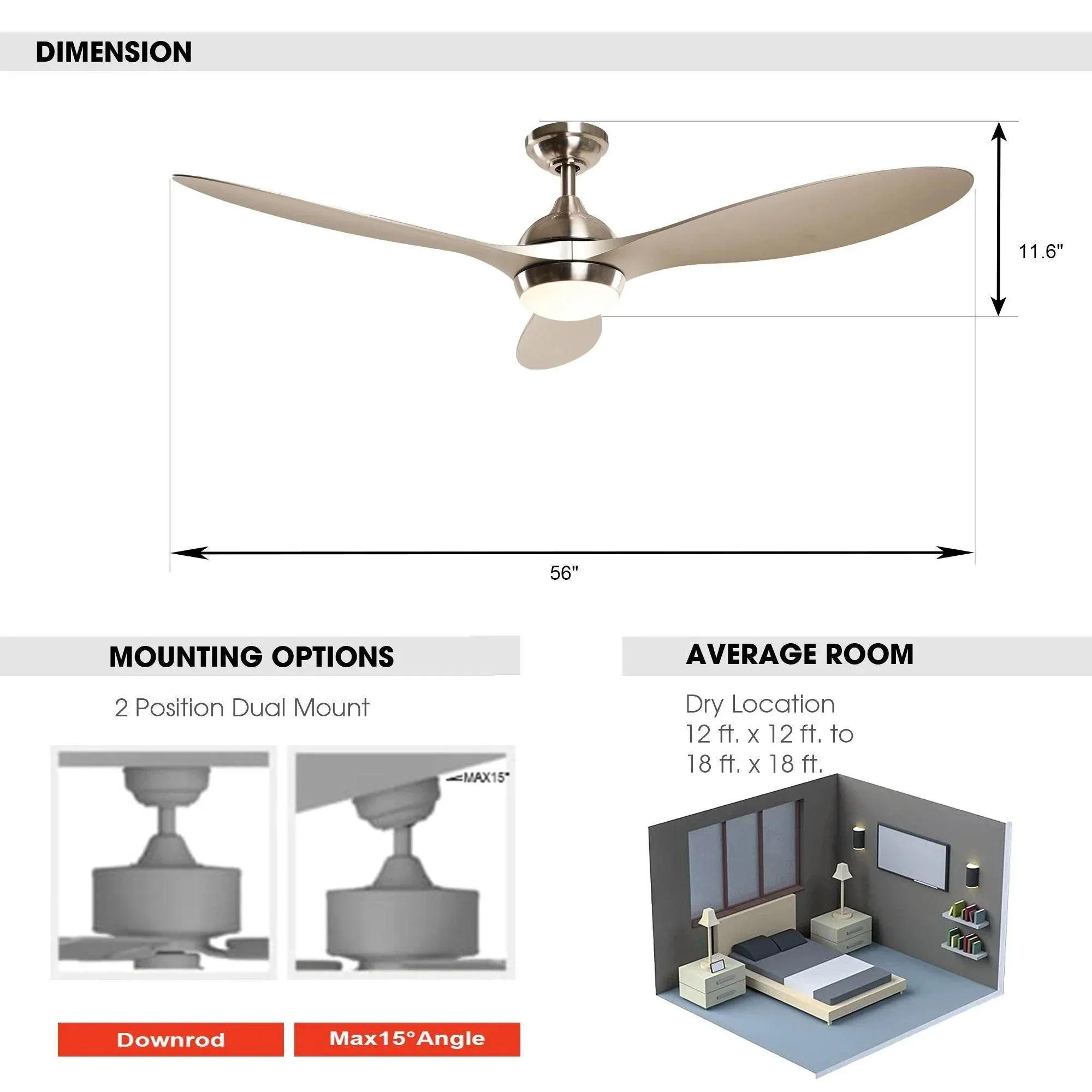 Parrot Uncle 56-Inch Bernardino Modern Brushed Nickel DC Motor Downrod Mount Reversible Ceiling Fan with Lighting and Remote Control (BBHTD20166E) - Image 8