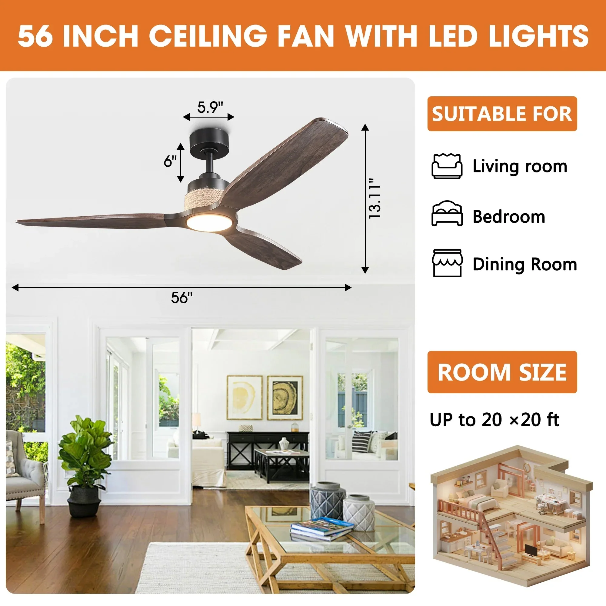 Parrot Uncle 56-Inch Louise Downrod Mount LED Ceiling Fan with Remote Control (F6015) - Image 7