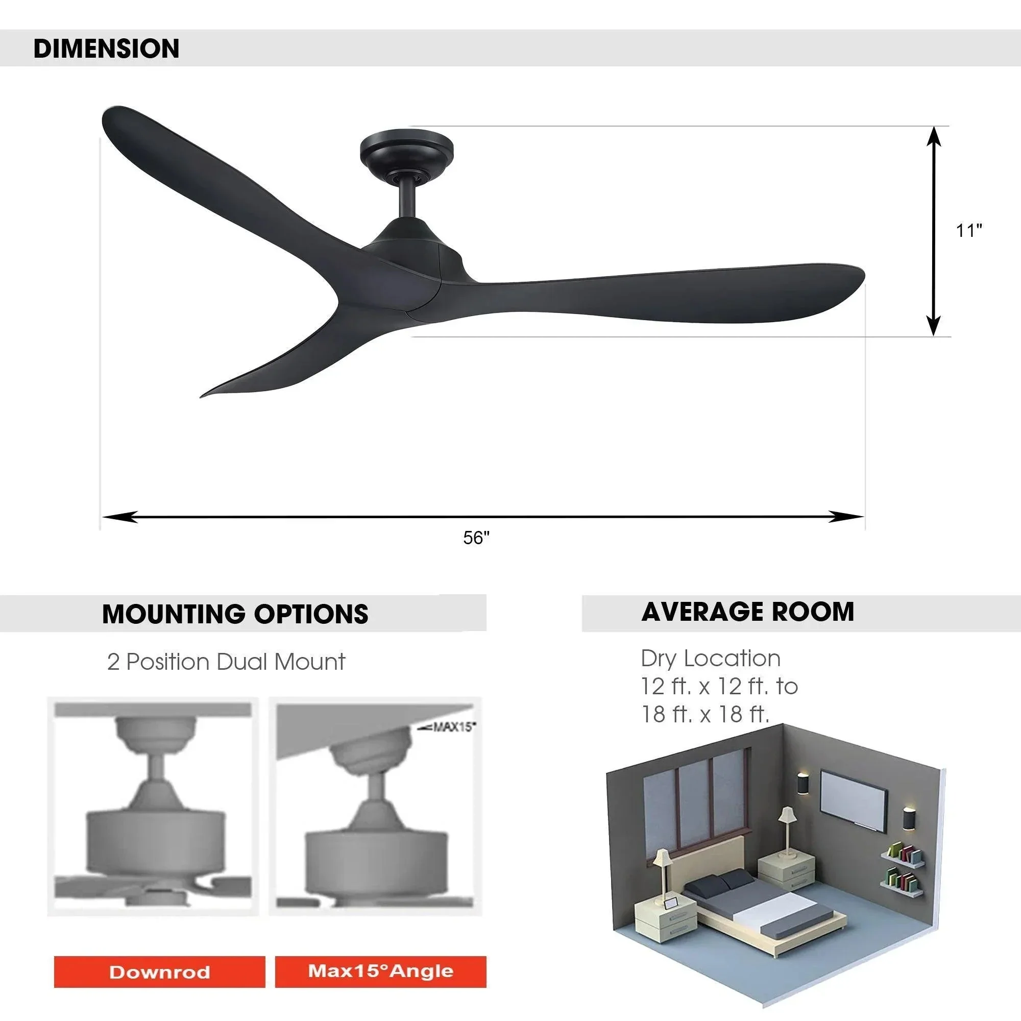 Parrot Uncle 56-Inch Modern DC Motor Downrod Mount Reversible Ceiling Fan with Remote Control - Image 10