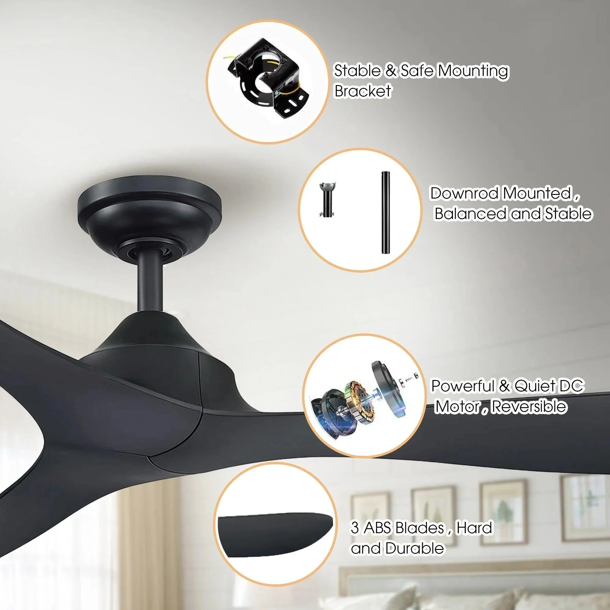 Parrot Uncle 56-Inch Modern DC Motor Downrod Mount Reversible Ceiling Fan with Remote Control - Image 5