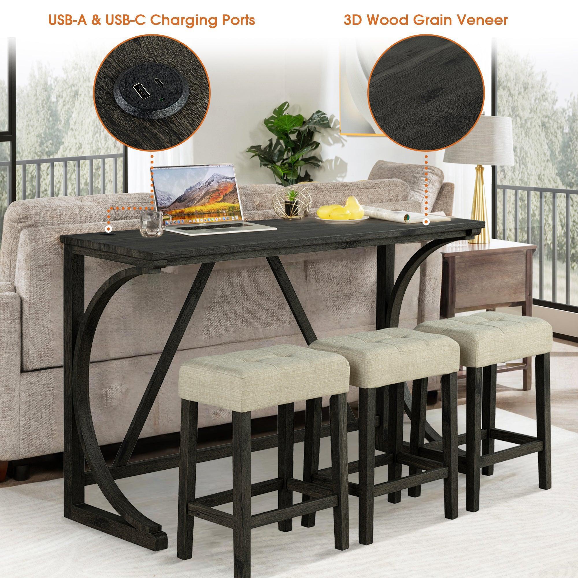 Parrot Uncle 59-Inch Rustic Dining&Bar Table Set with 3 Stools for Apartment, USB-A & USB-C Charging Ports (SL3403DG-PT-4PK-PU) - Image 2