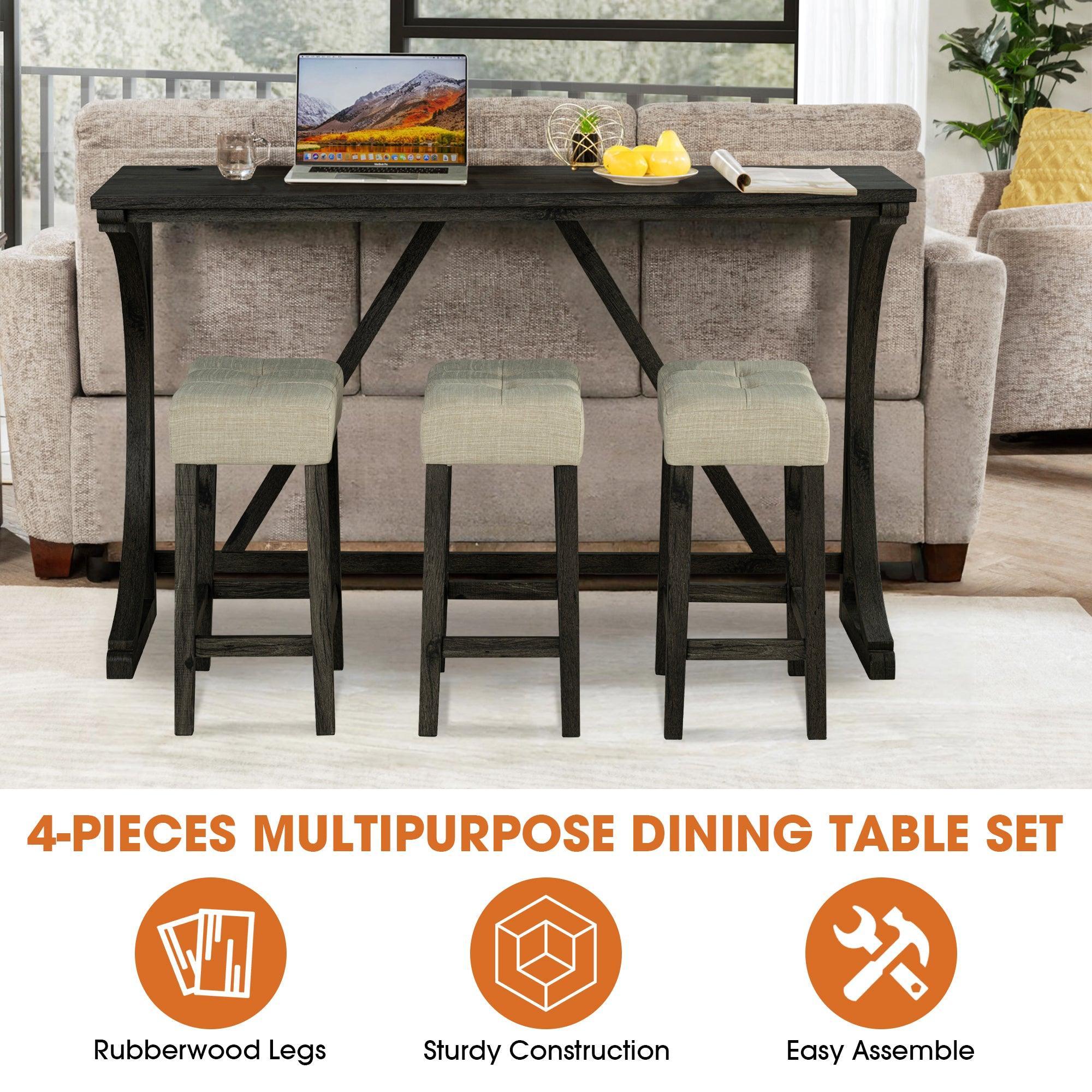 Parrot Uncle 59-Inch Rustic Dining&Bar Table Set with 3 Stools for Apartment, USB-A & USB-C Charging Ports (SL3403DG-PT-4PK-PU) - Image 4