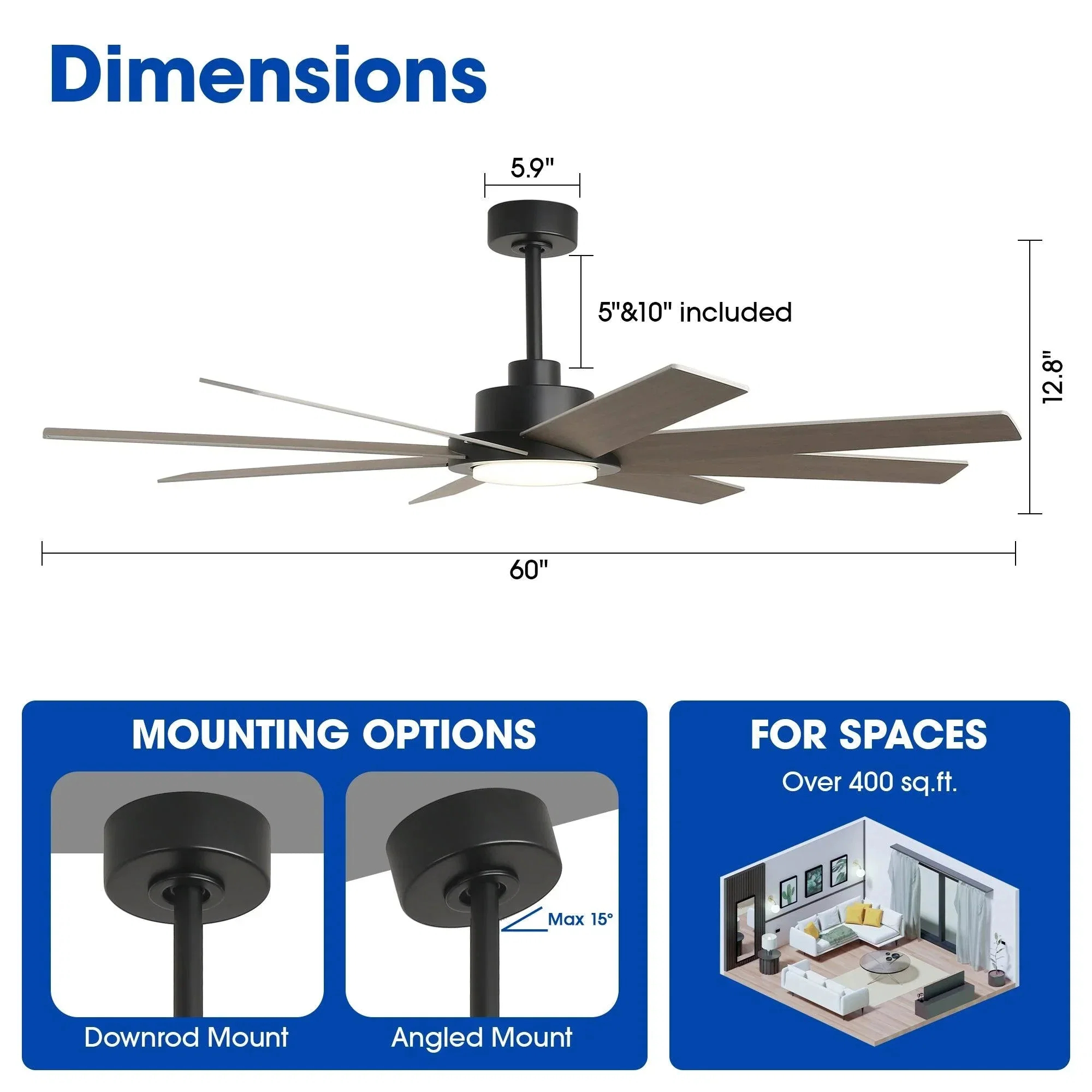 Parrot Uncle 60-Inch DC Motor 8 Blades Modern Downrod Mount Ceiling Fan with LED Light and Remote Control (F6387110V) - Image 5