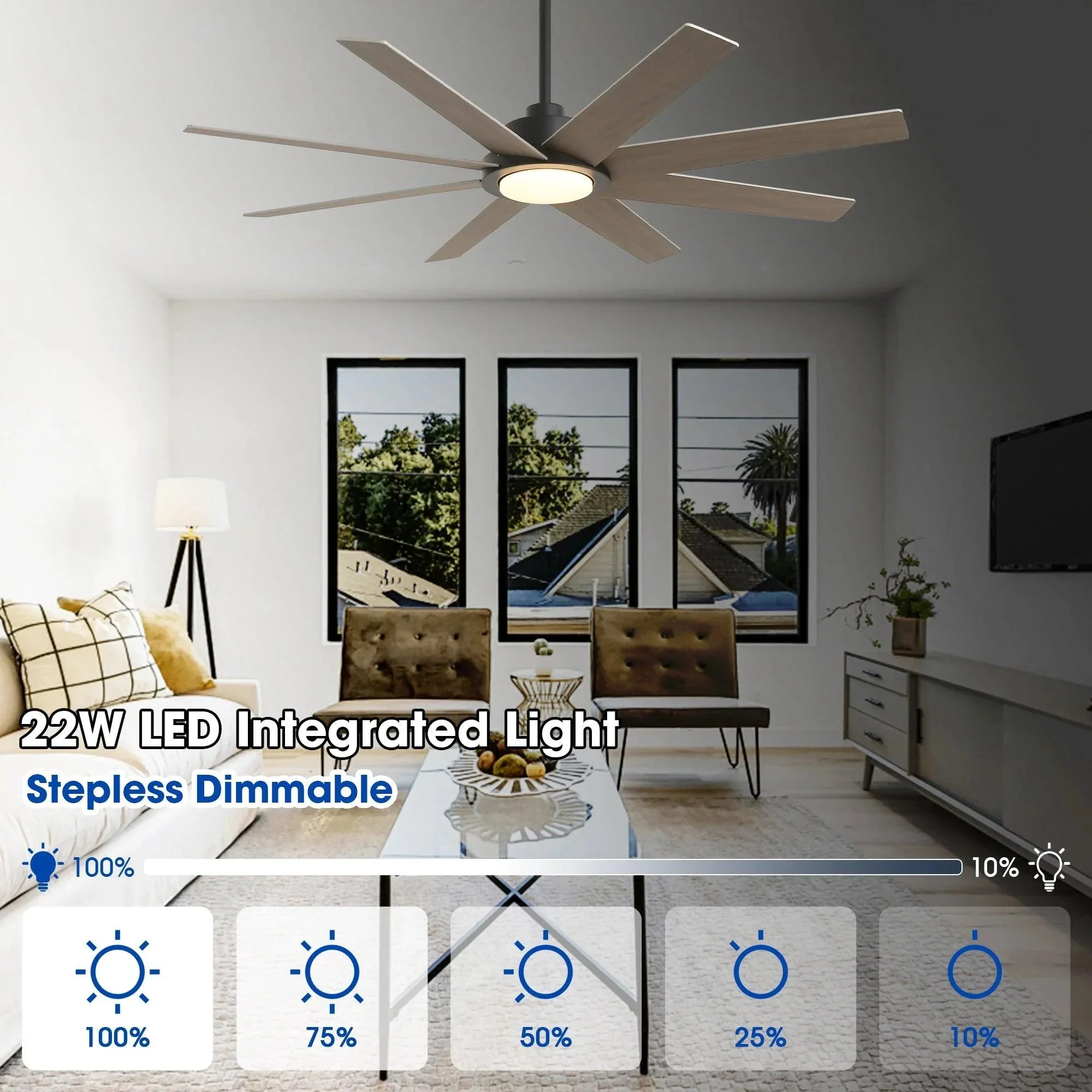 Parrot Uncle 60-Inch DC Motor 8 Blades Modern Downrod Mount Ceiling Fan with LED Light and Remote Control (F6387110V) - Image 7