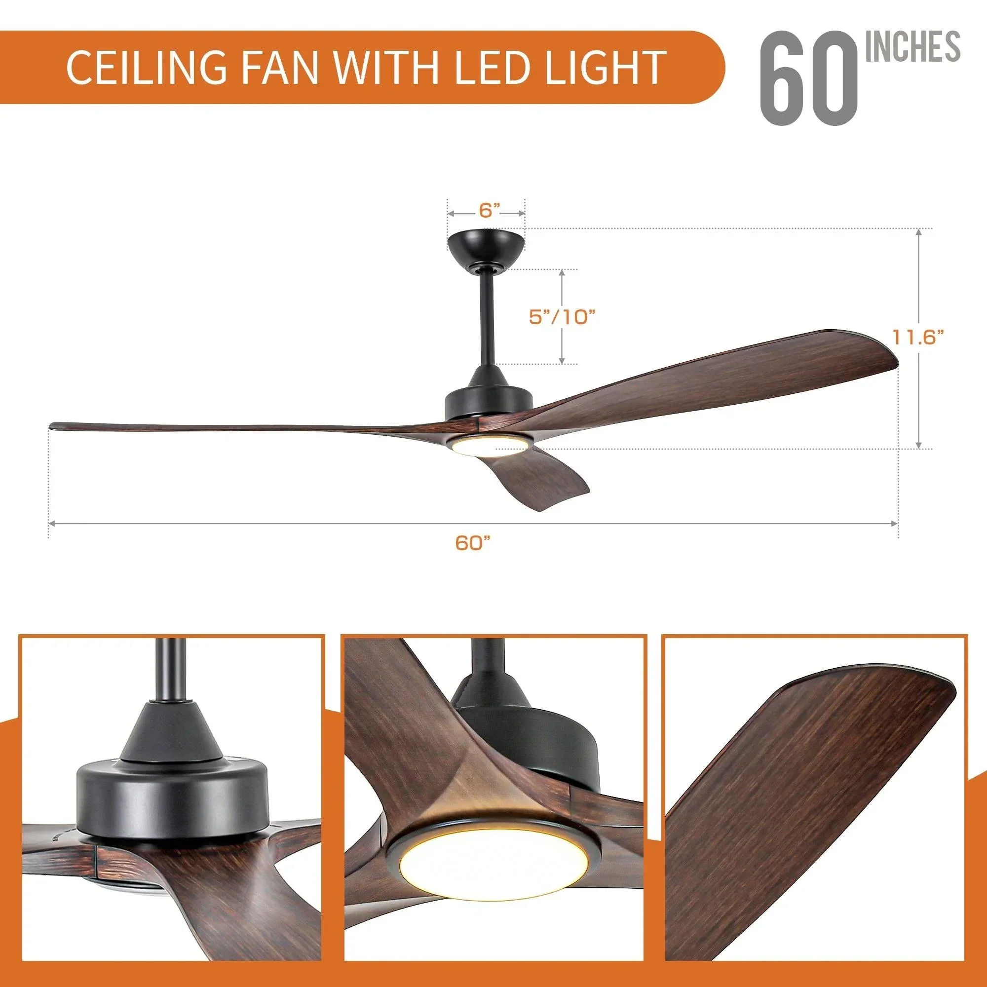Parrot Uncle 60-Inch Alexi DC Motor Modern Downrod Ceiling Fan with LED Light - Image 7