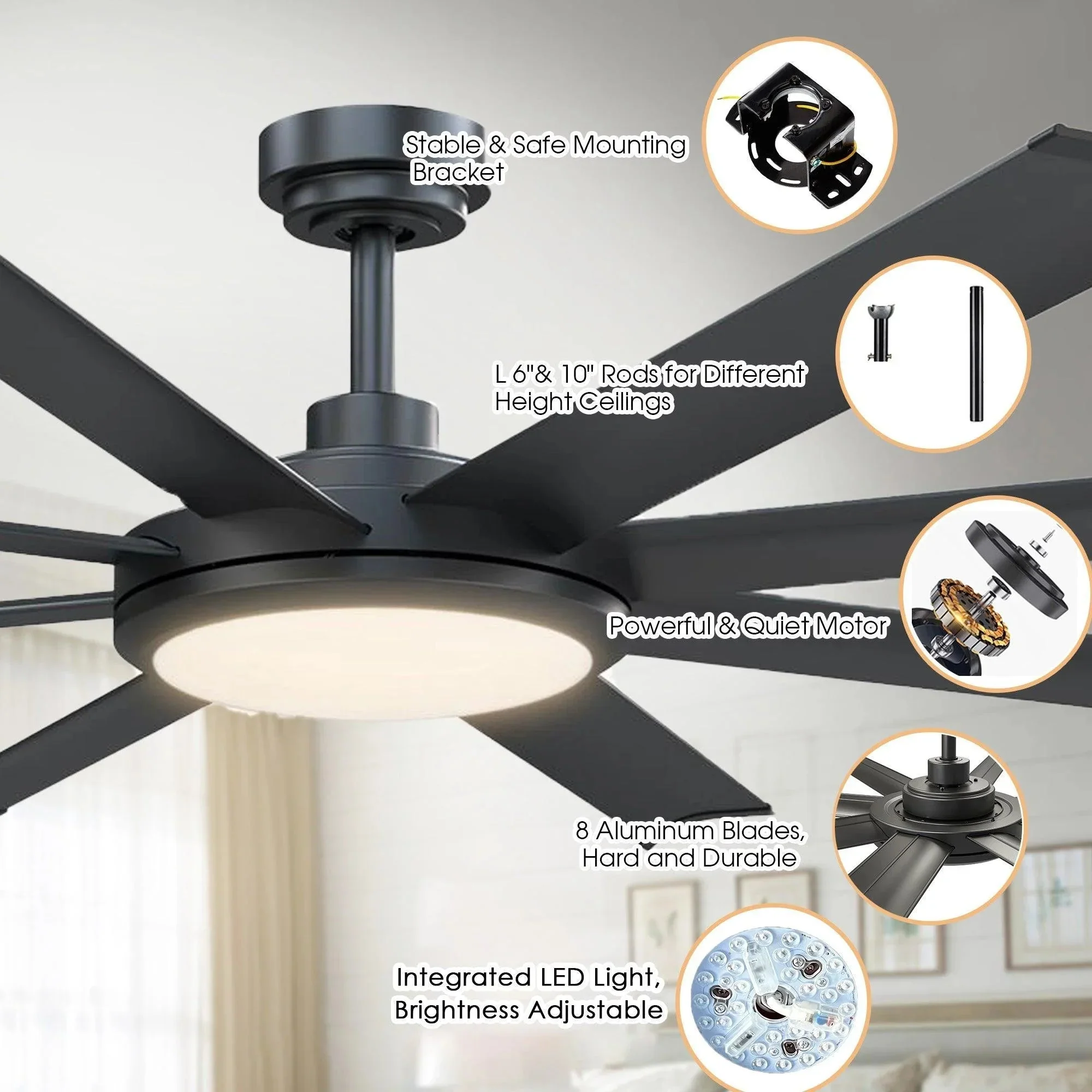 Parrot Uncle 60-Inch Industrial DC Motor Downrod Mount Ceiling Fan with Lighting and Remote Control (F6105110V) - Image 4