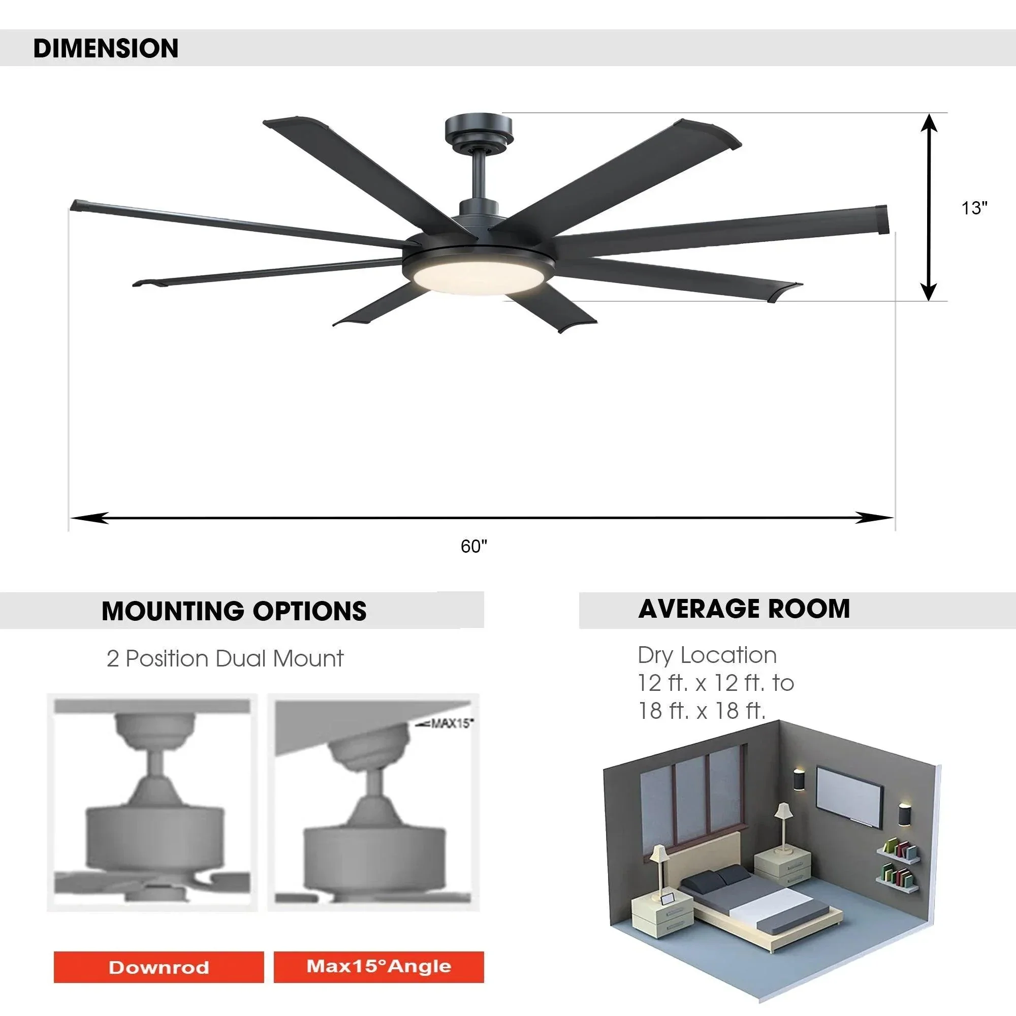 Parrot Uncle 60-Inch Industrial DC Motor Downrod Mount Ceiling Fan with Lighting and Remote Control (F6105110V) - Image 8