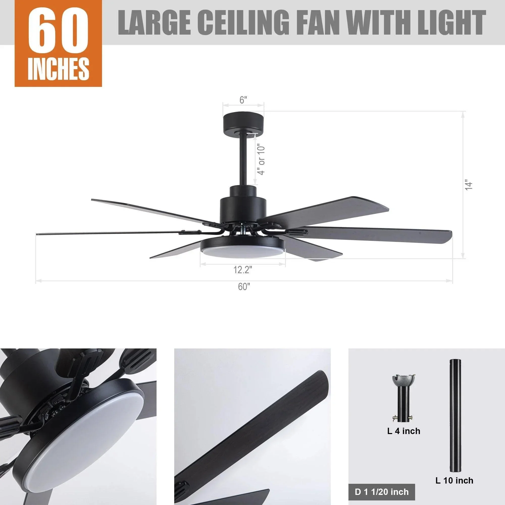 Parrot Uncle 60-Inch Industrial DC Motor Downrod Mount Reversible Ceiling Fan with Lighting and Remote Control (F8252110V) - Image 15