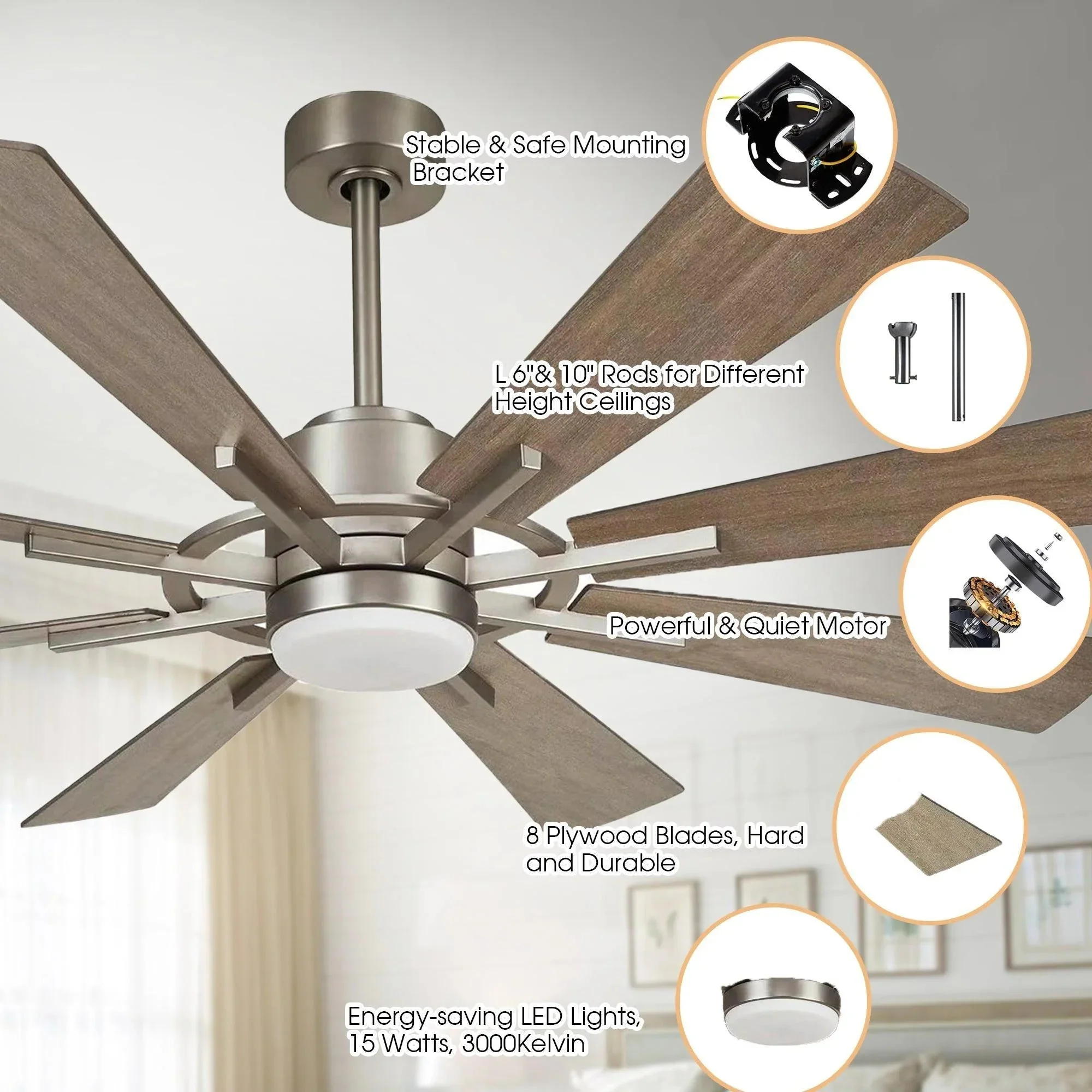 Parrot Uncle 60-Inch Oretha Windmill DC Ceiling Fan with LED Lighting - Image 7