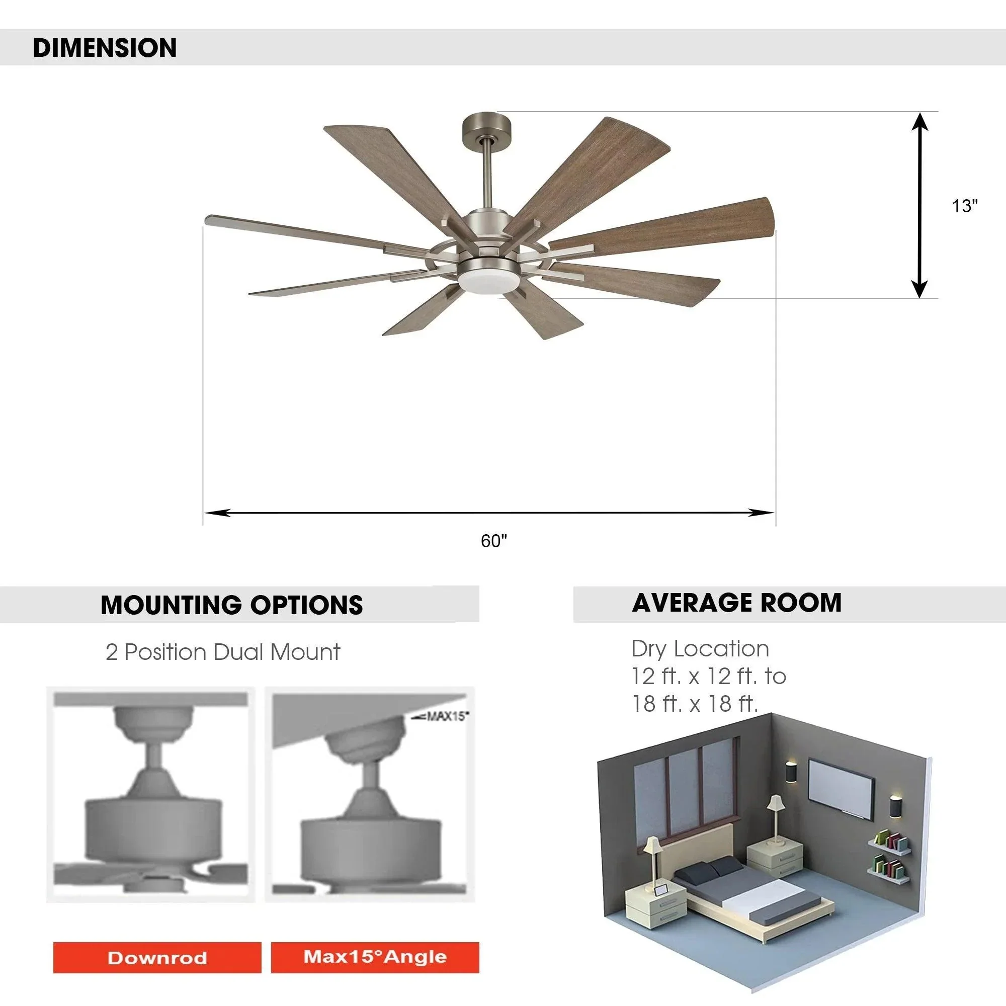 Parrot Uncle 60-Inch Oretha Windmill DC Ceiling Fan with LED Lighting - Image 9