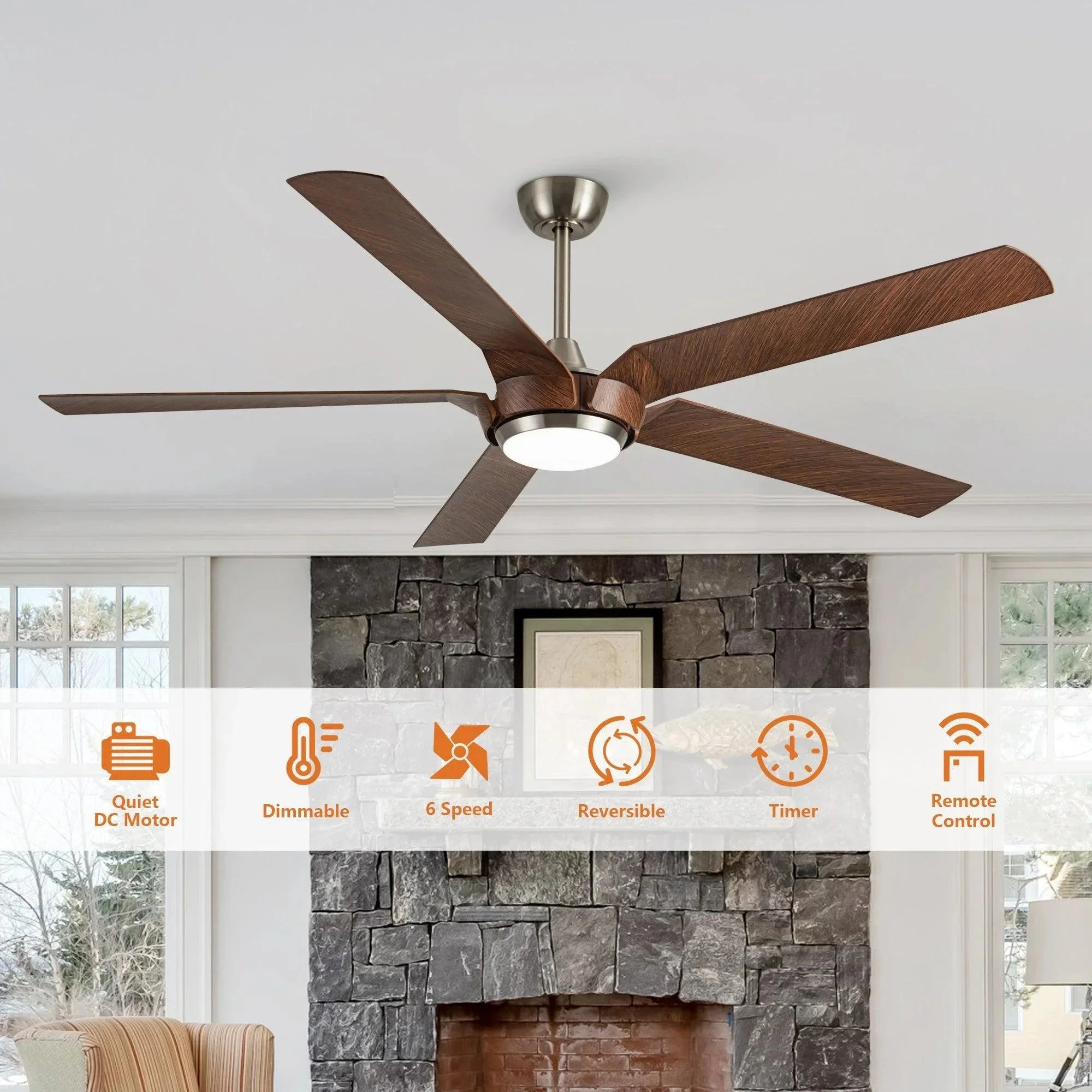 Parrot Uncle 65-Inch Fury Farmhouse DC Motor Downrod Mount Ceiling Fan with Lighting and Remote Control (F8305110V) - Image 5