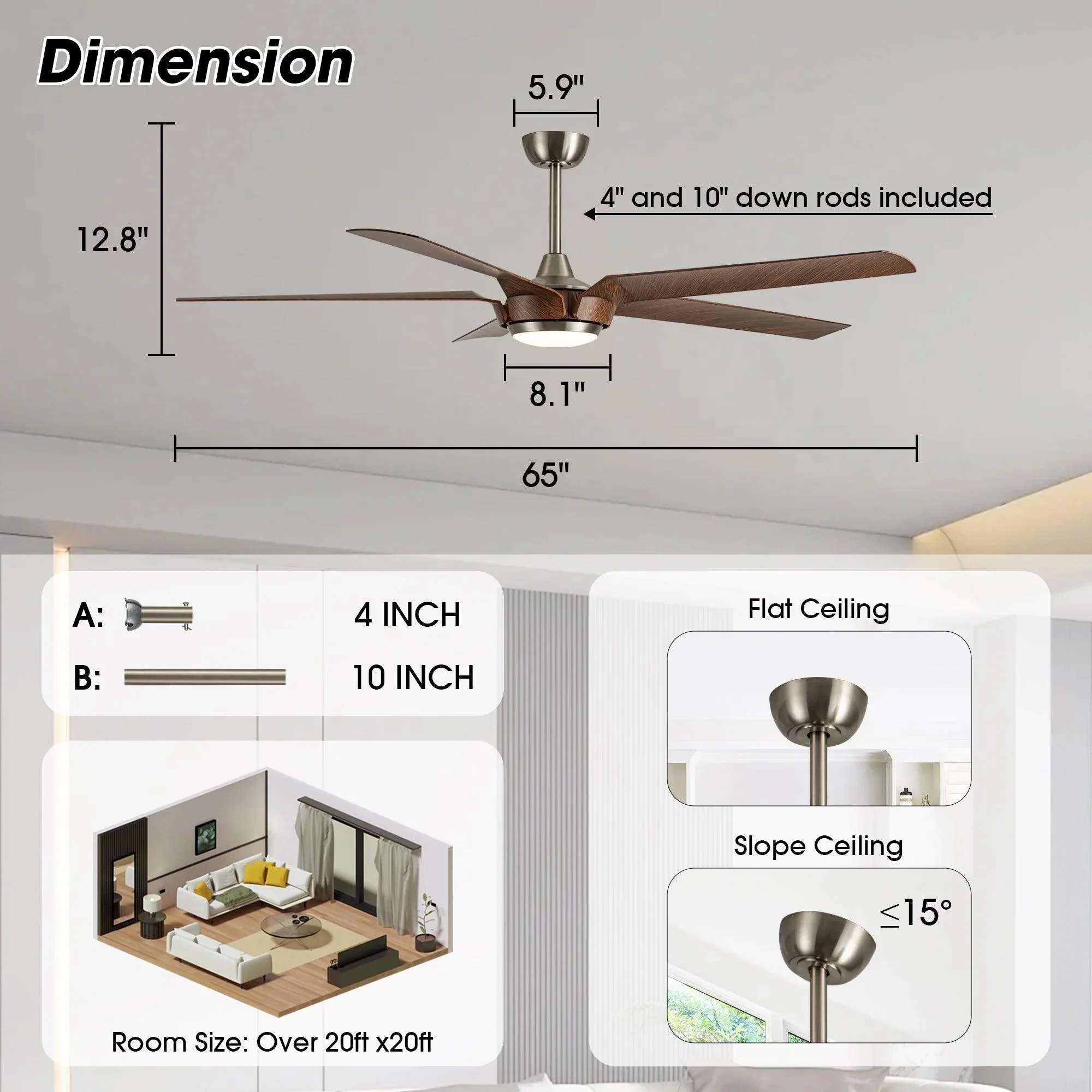 Parrot Uncle 65-Inch Fury Farmhouse DC Motor Downrod Mount Ceiling Fan with Lighting and Remote Control (F8305110V) - Image 7