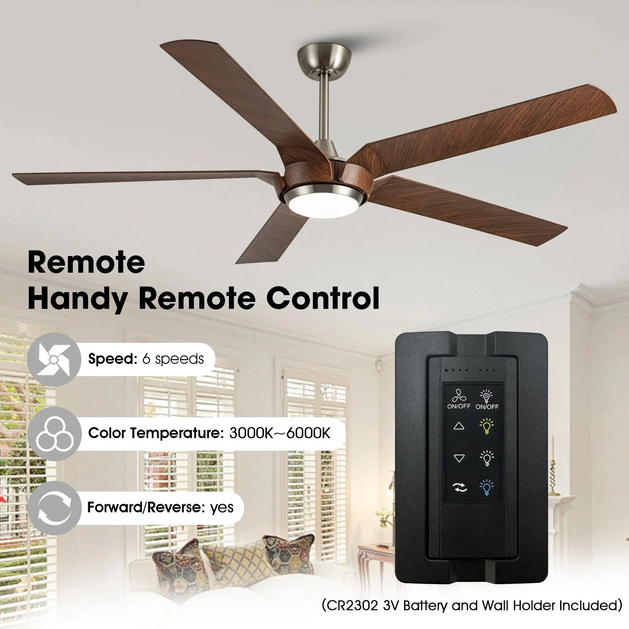 Parrot Uncle 65-Inch Fury Farmhouse DC Motor Downrod Mount Ceiling Fan with Lighting and Remote Control (F8305110V) - Image 9
