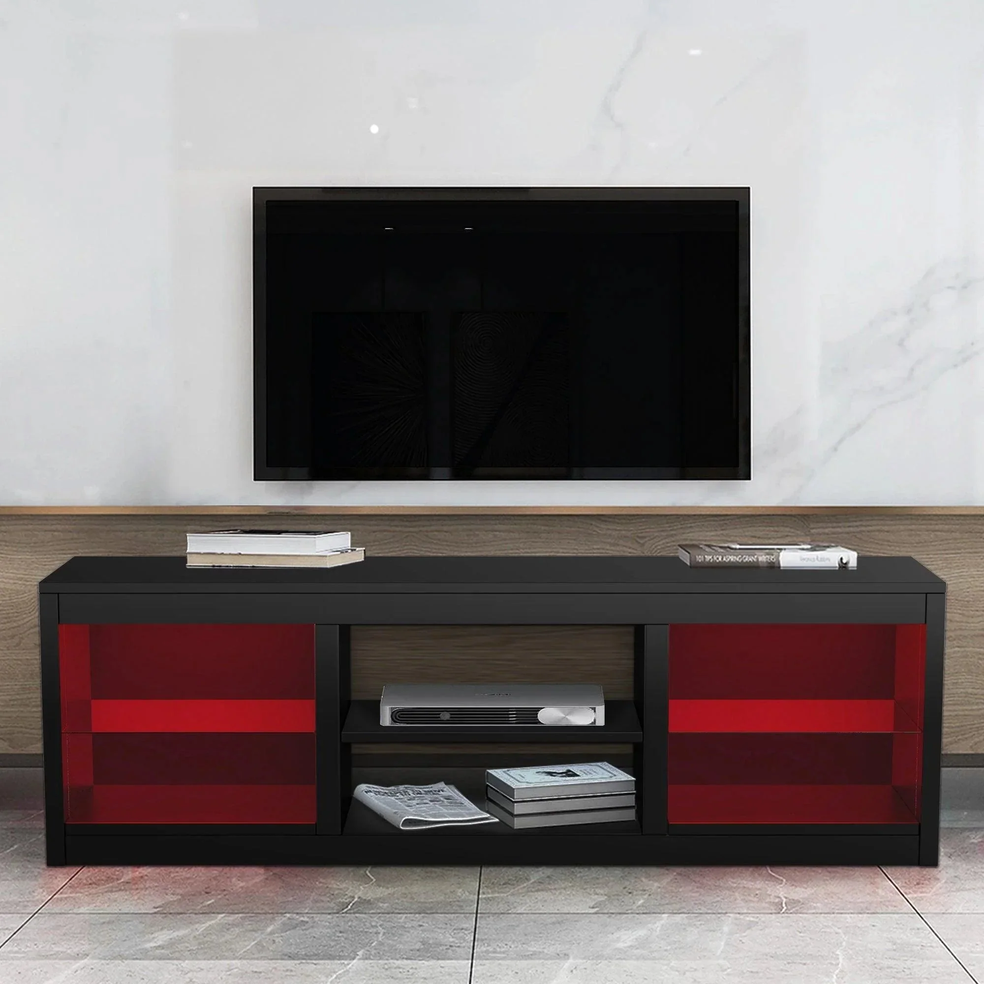 Parrot Uncle 66-Inch Modern LED TV Stand Entertainment Center with Glass Shelves for Living Room - Image 12
