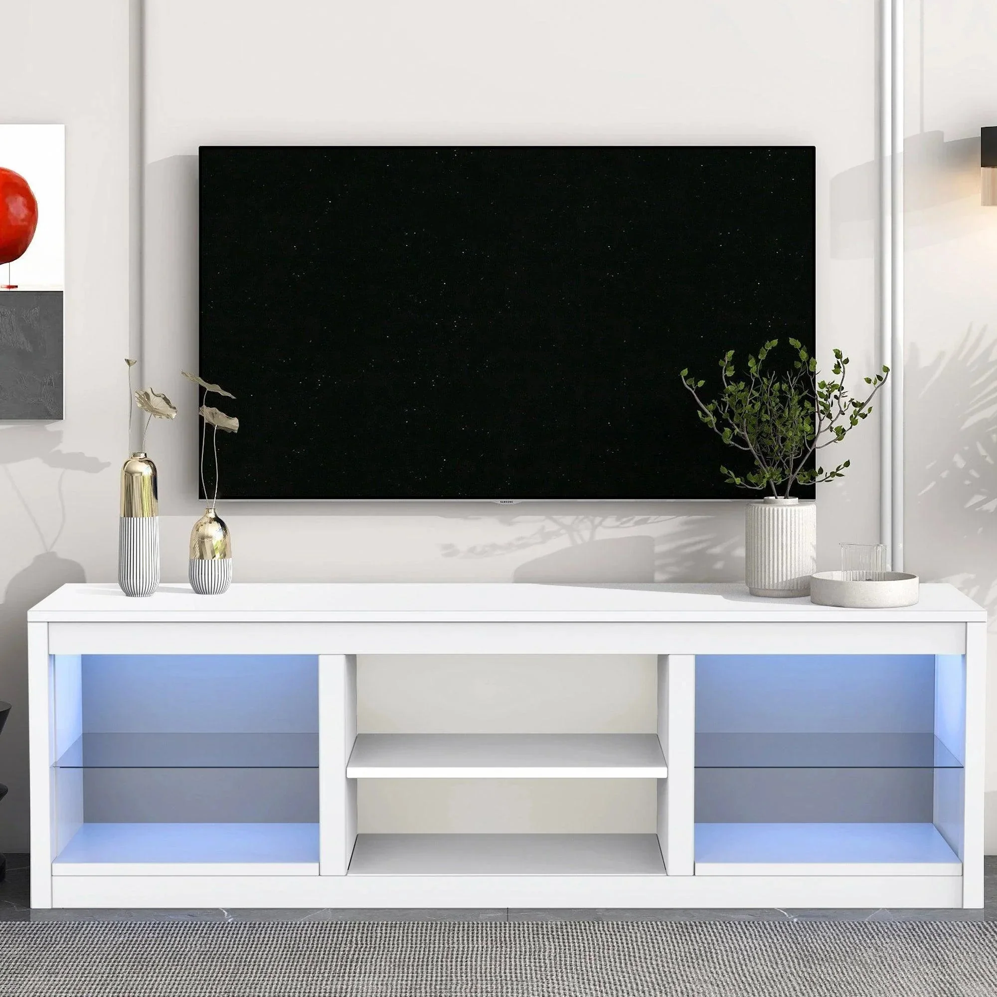 Parrot Uncle 66-Inch Modern LED TV Stand Entertainment Center with Glass Shelves for Living Room - Image 2