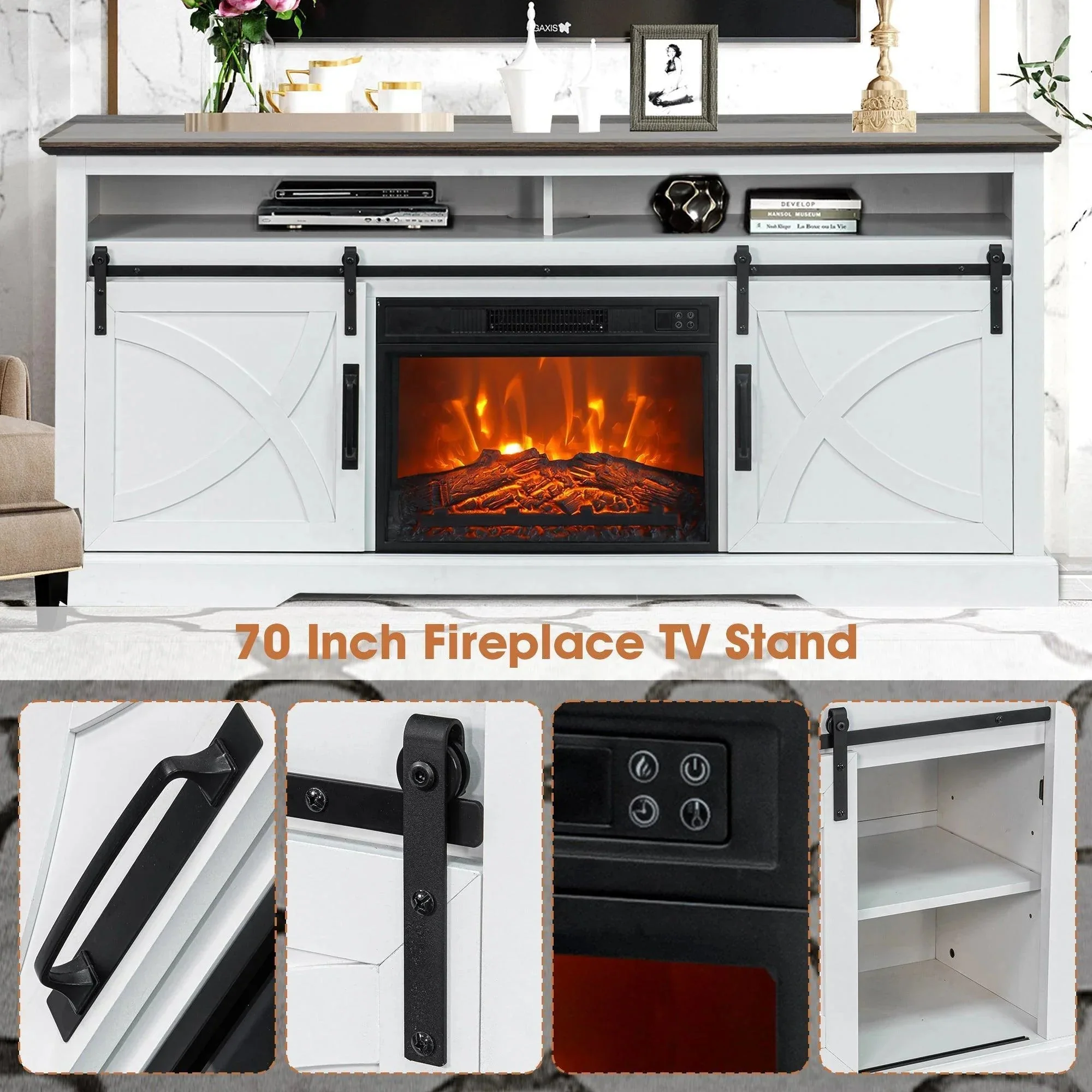 Parrot Uncle 68-Inch Farmhouse TV Stand with 23-Inch Insert Opening Electric Fireplace - Image 10