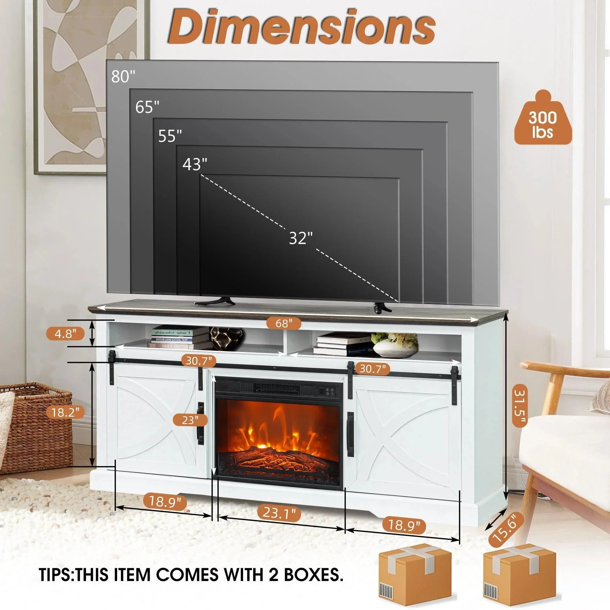 Parrot Uncle 68-Inch Farmhouse TV Stand with 23-Inch Insert Opening Electric Fireplace - Image 12