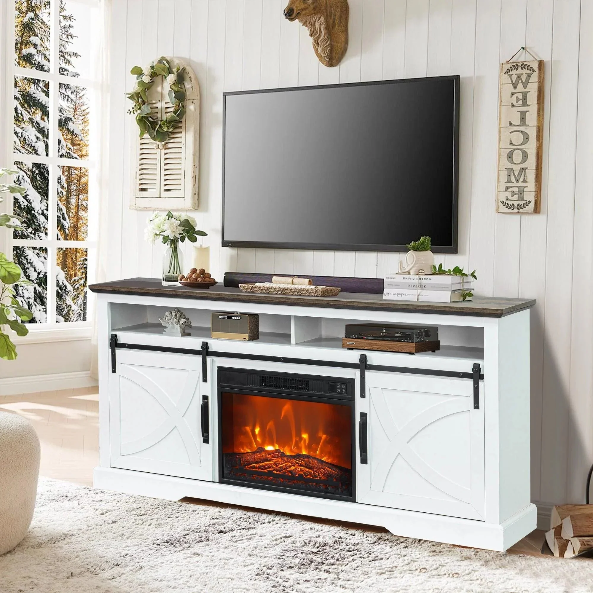 Parrot Uncle 68-Inch Farmhouse TV Stand with 23-Inch Insert Opening Electric Fireplace - Image 13