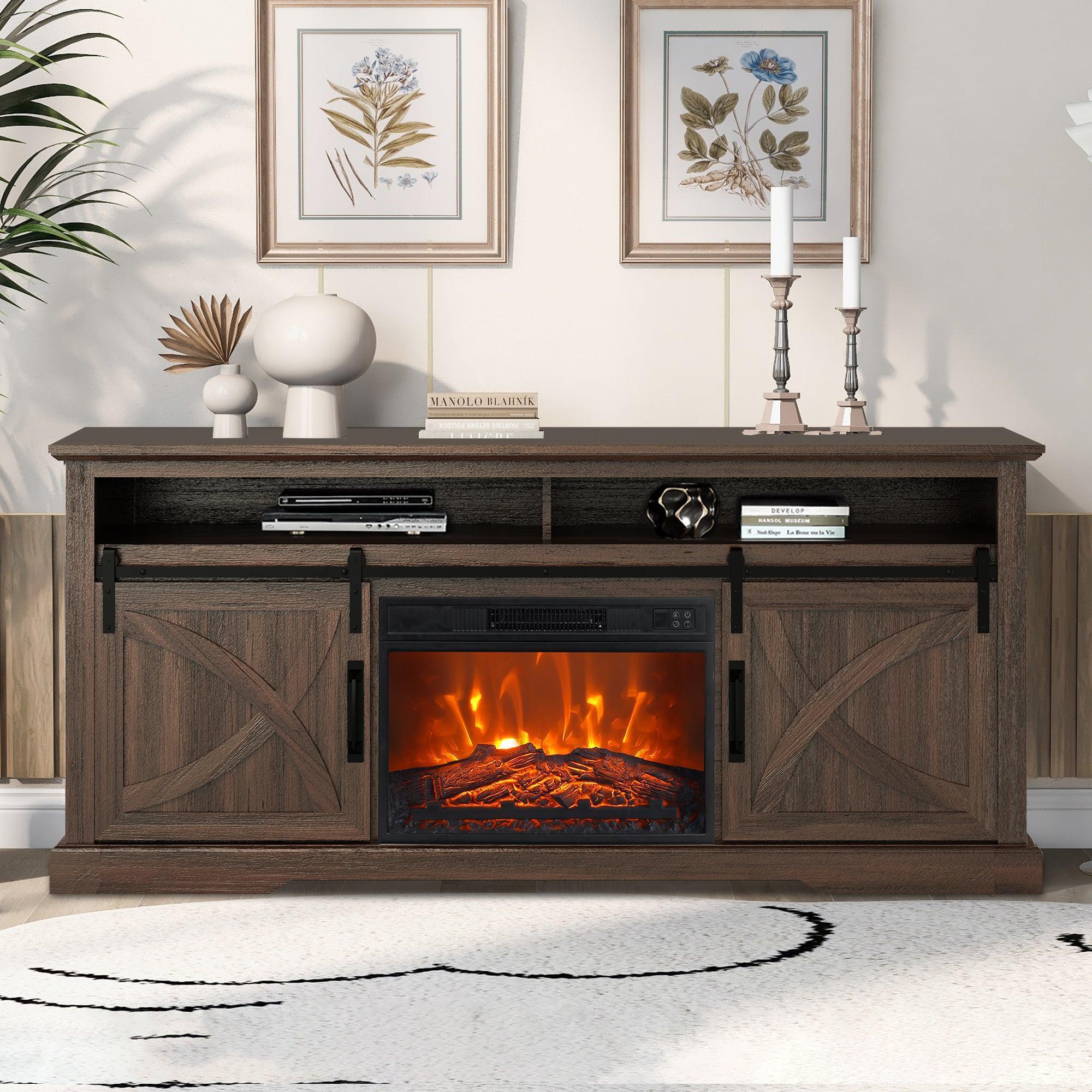 Parrot Uncle 68-Inch Farmhouse TV Stand with 23-Inch Insert Opening Electric Fireplace - Image 15