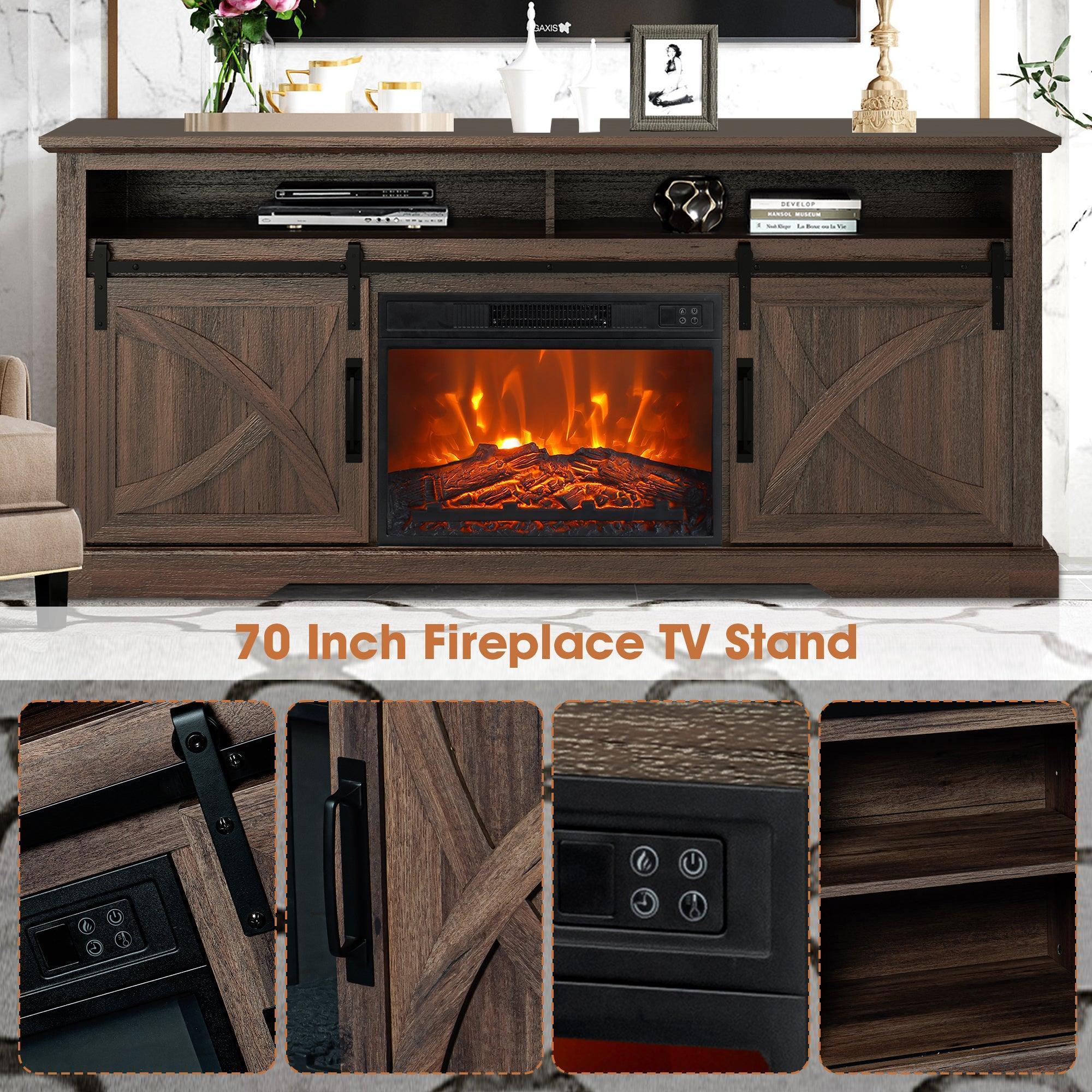 Parrot Uncle 68-Inch Farmhouse TV Stand with 23-Inch Insert Opening Electric Fireplace - Image 21