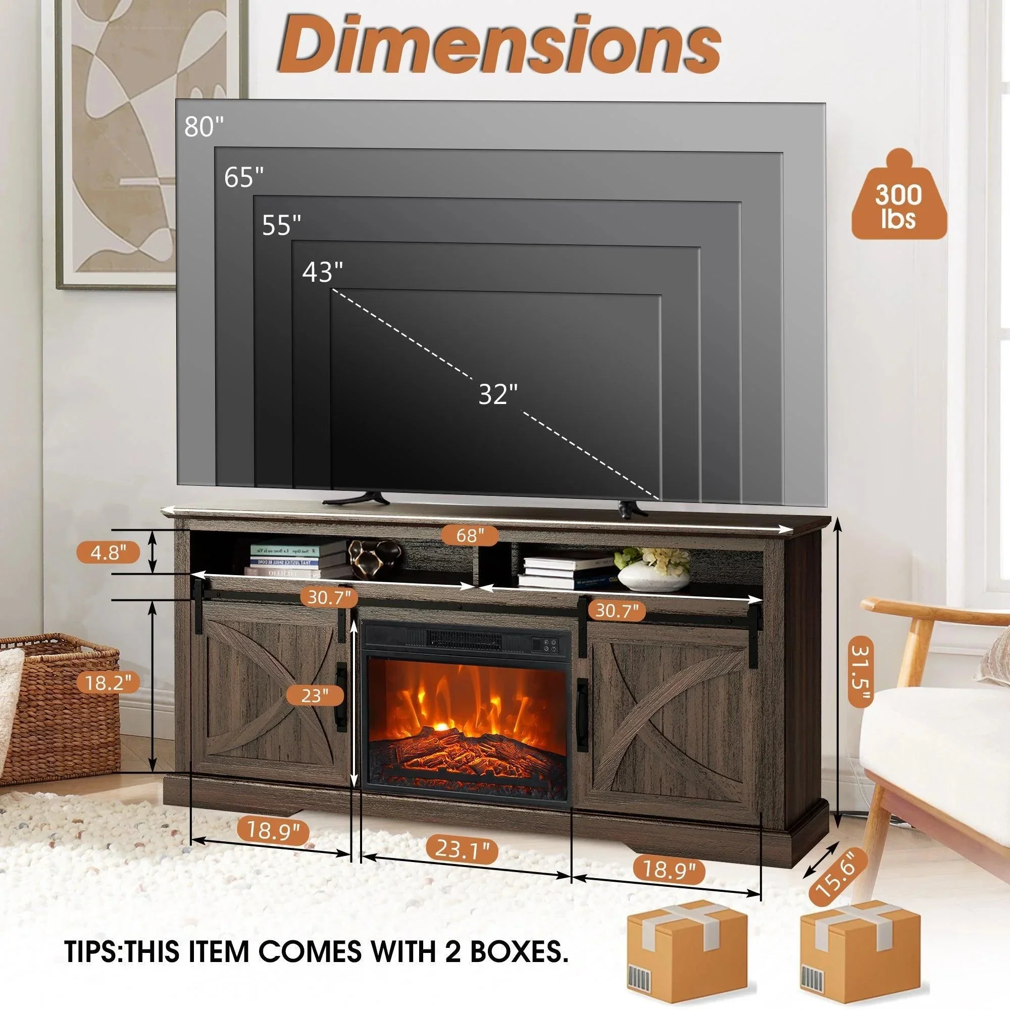 Parrot Uncle 68-Inch Farmhouse TV Stand with 23-Inch Insert Opening Electric Fireplace - Image 23