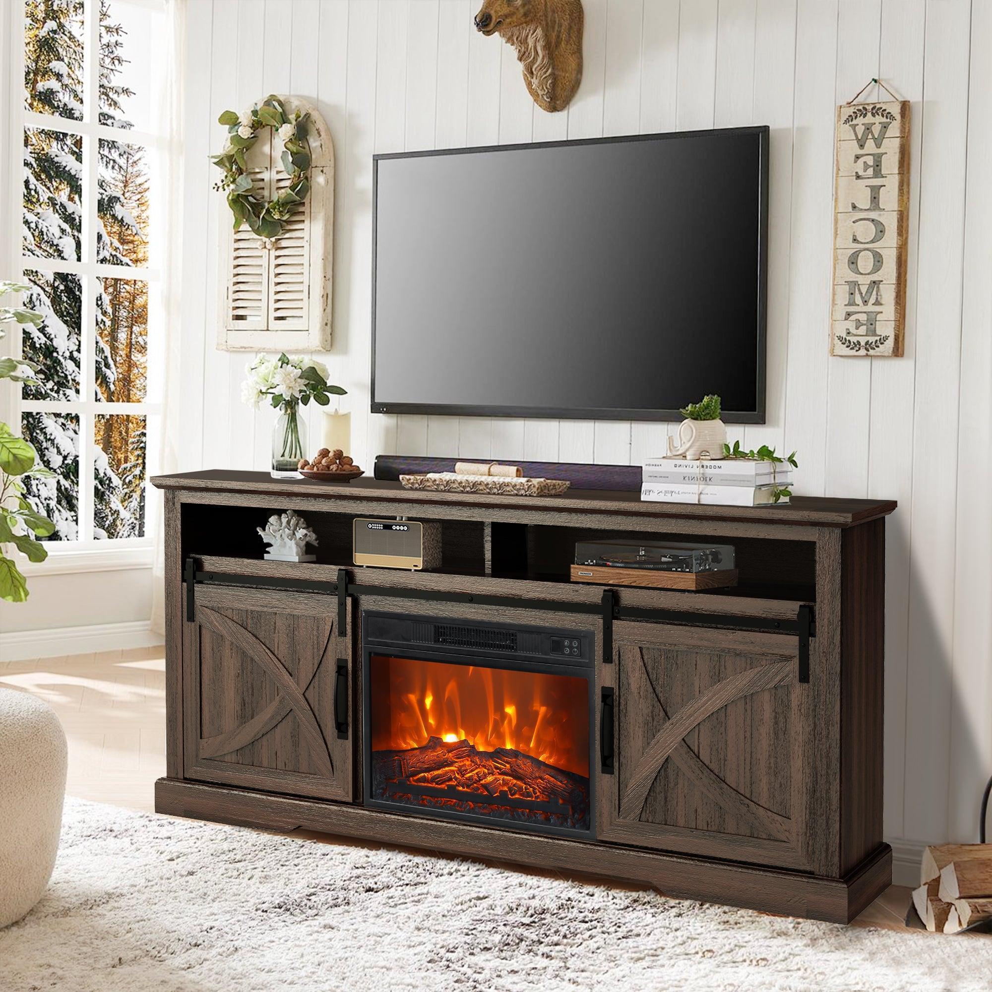 Parrot Uncle 68-Inch Farmhouse TV Stand with 23-Inch Insert Opening Electric Fireplace - Image 25
