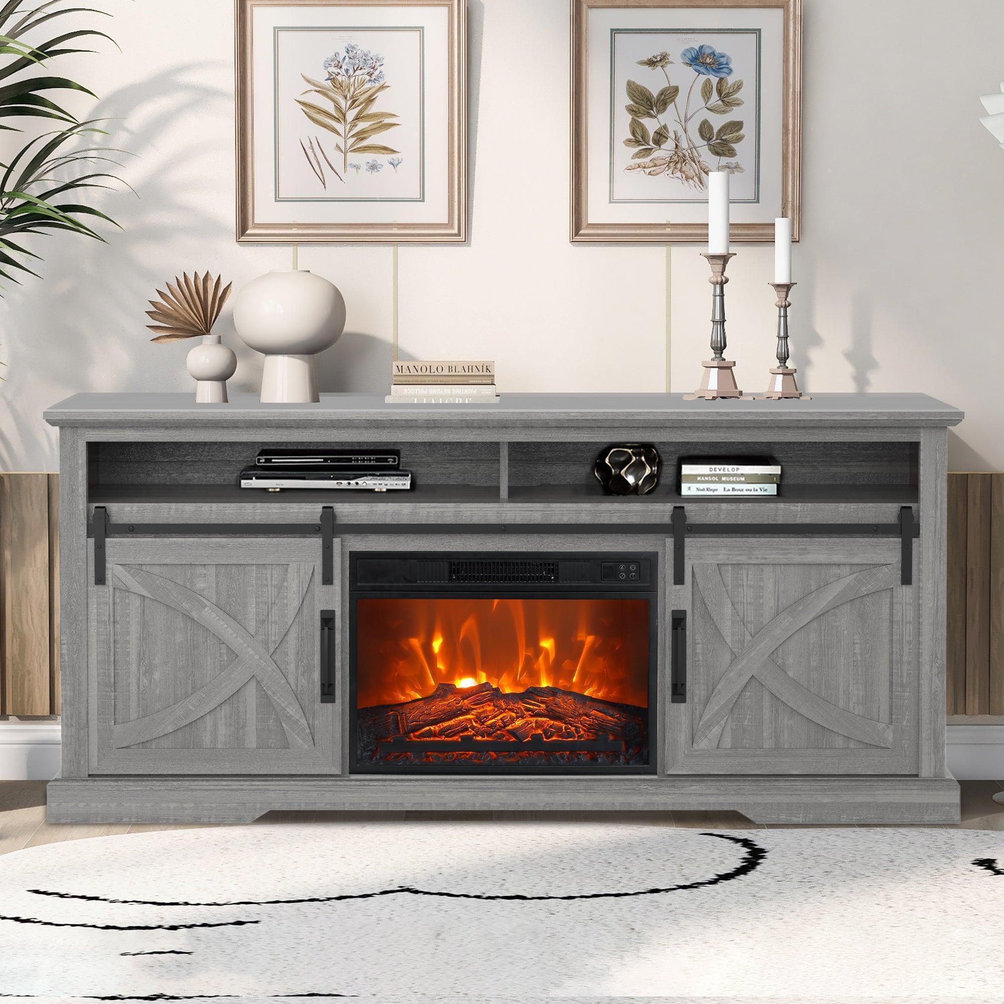 Parrot Uncle 68-Inch Farmhouse TV Stand with 23-Inch Insert Opening Electric Fireplace - Image 28
