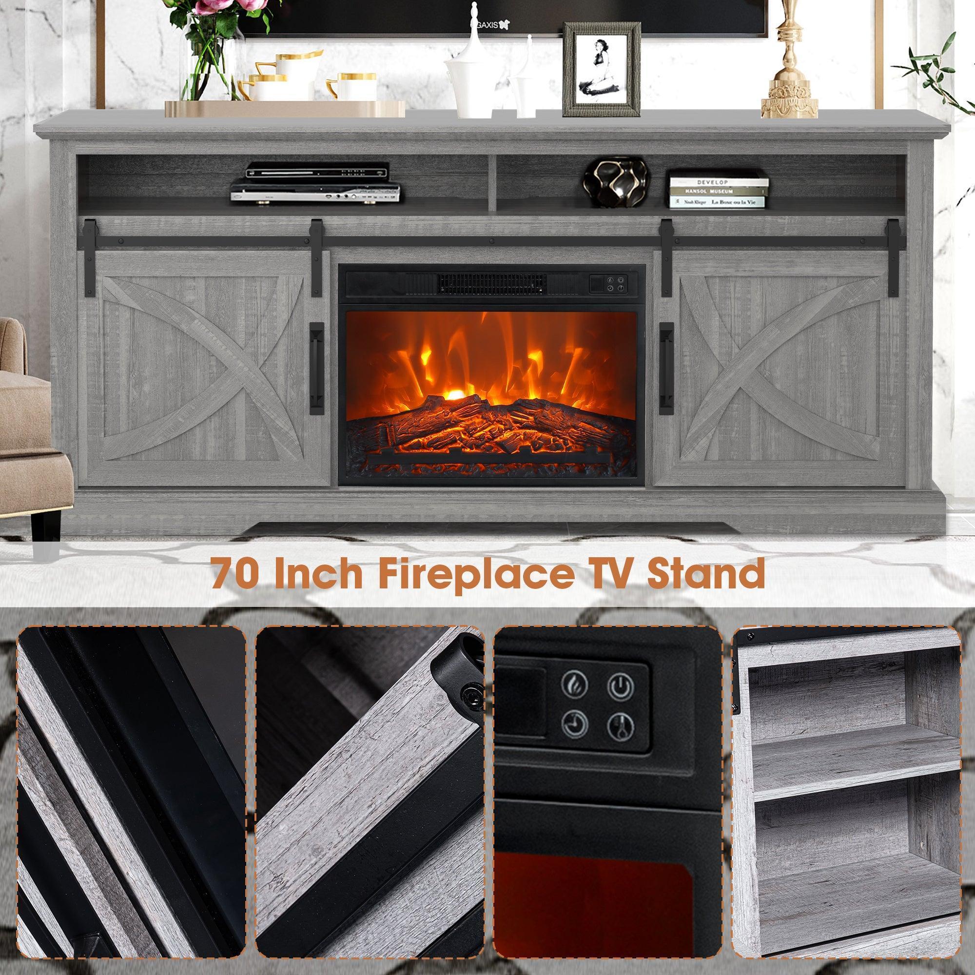 Parrot Uncle 68-Inch Farmhouse TV Stand with 23-Inch Insert Opening Electric Fireplace - Image 34