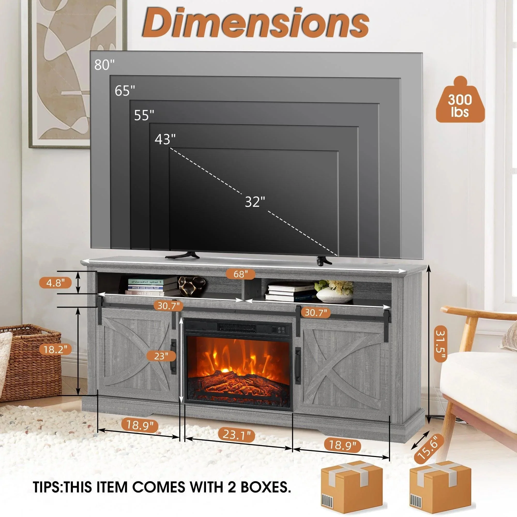 Parrot Uncle 68-Inch Farmhouse TV Stand with 23-Inch Insert Opening Electric Fireplace - Image 36